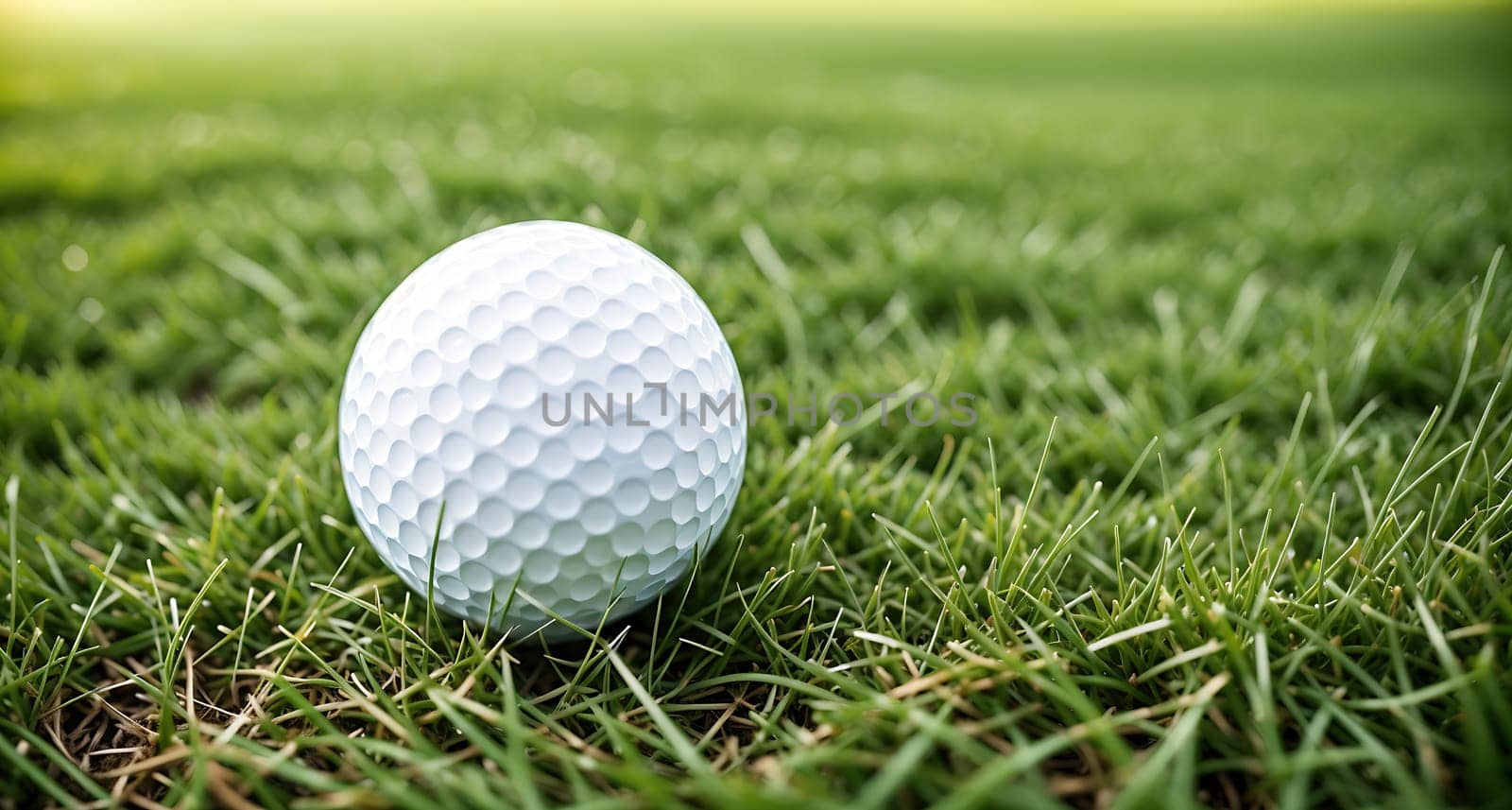 The image is a white golf ball sitting on top of a green lawn, with the sun shining behind it.