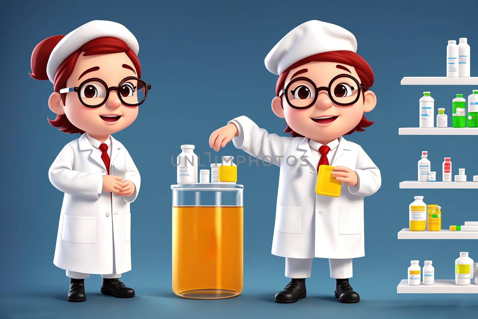 The image shows a group of people in lab coats standing in front of shelves filled with various bottles and jars.