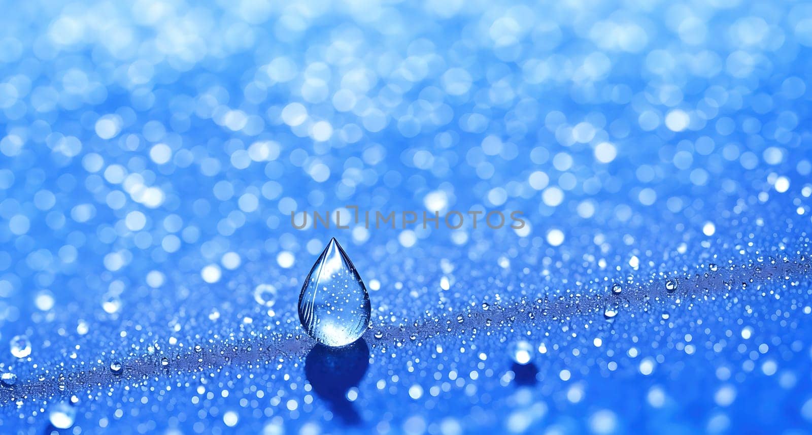 The image shows a droplet of water on a wet surface with a blurred background.