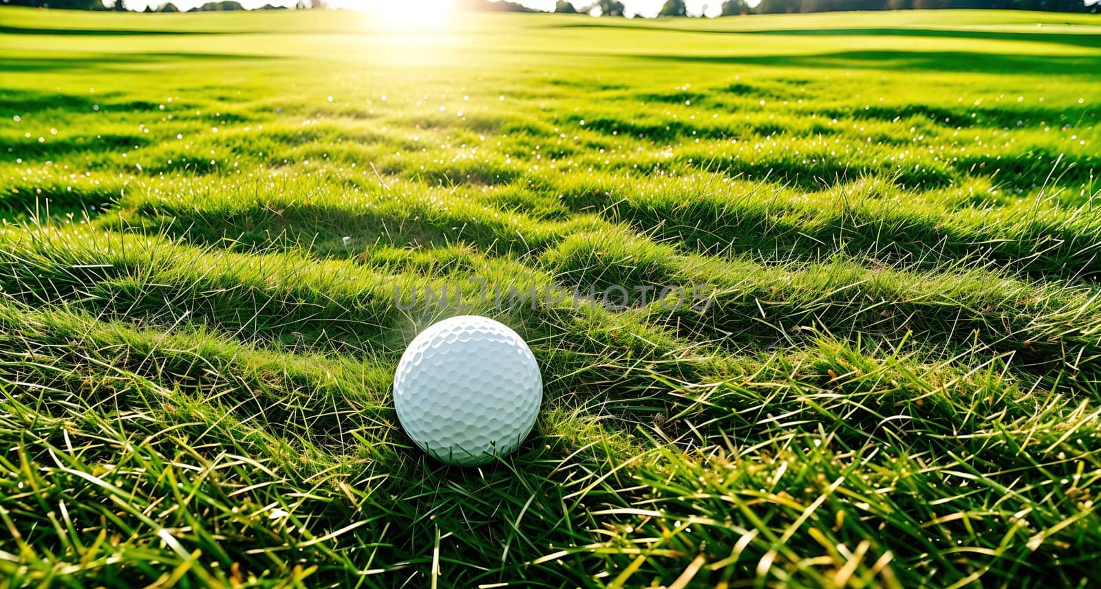 The image shows a white golf ball sitting on top of a green, with the sun shining down on it.