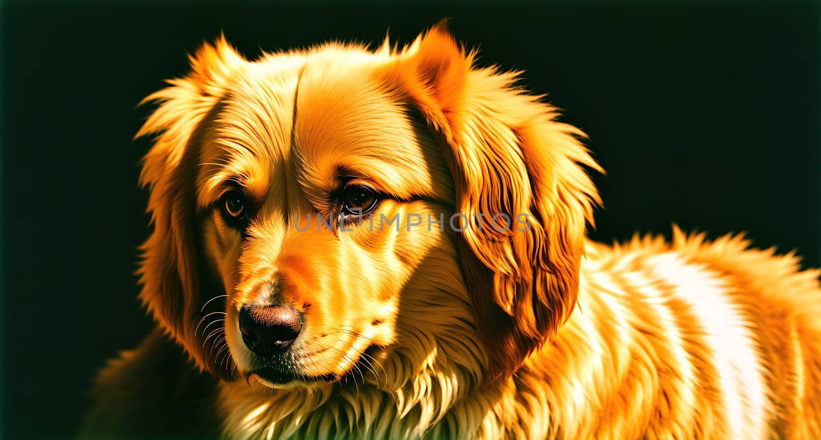 The image shows a golden retriever sitting on the ground with its head tilted to the side and its eyes looking off into the distance.