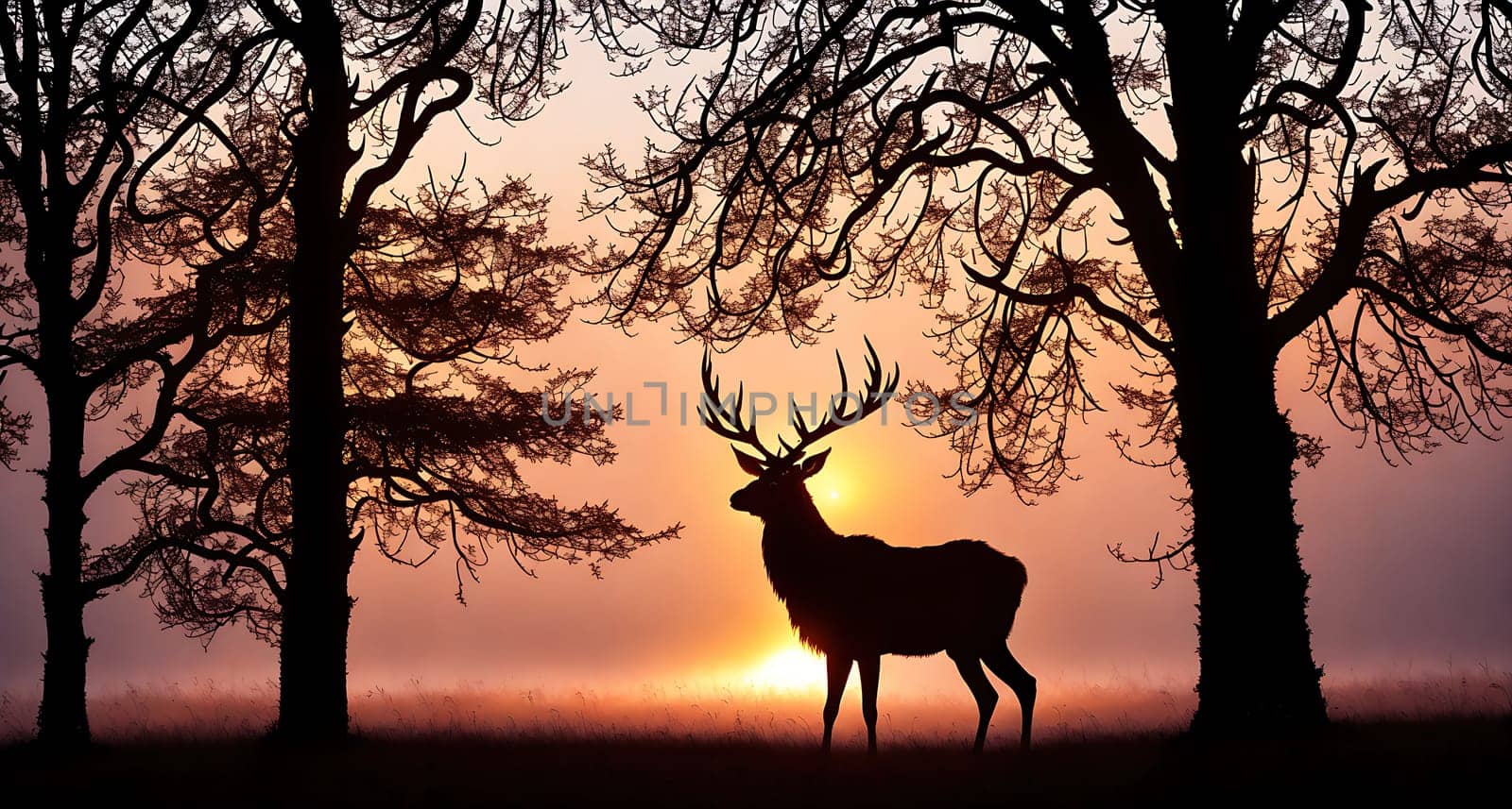 The image depicts a deer standing in a misty forest with bare trees in the background.