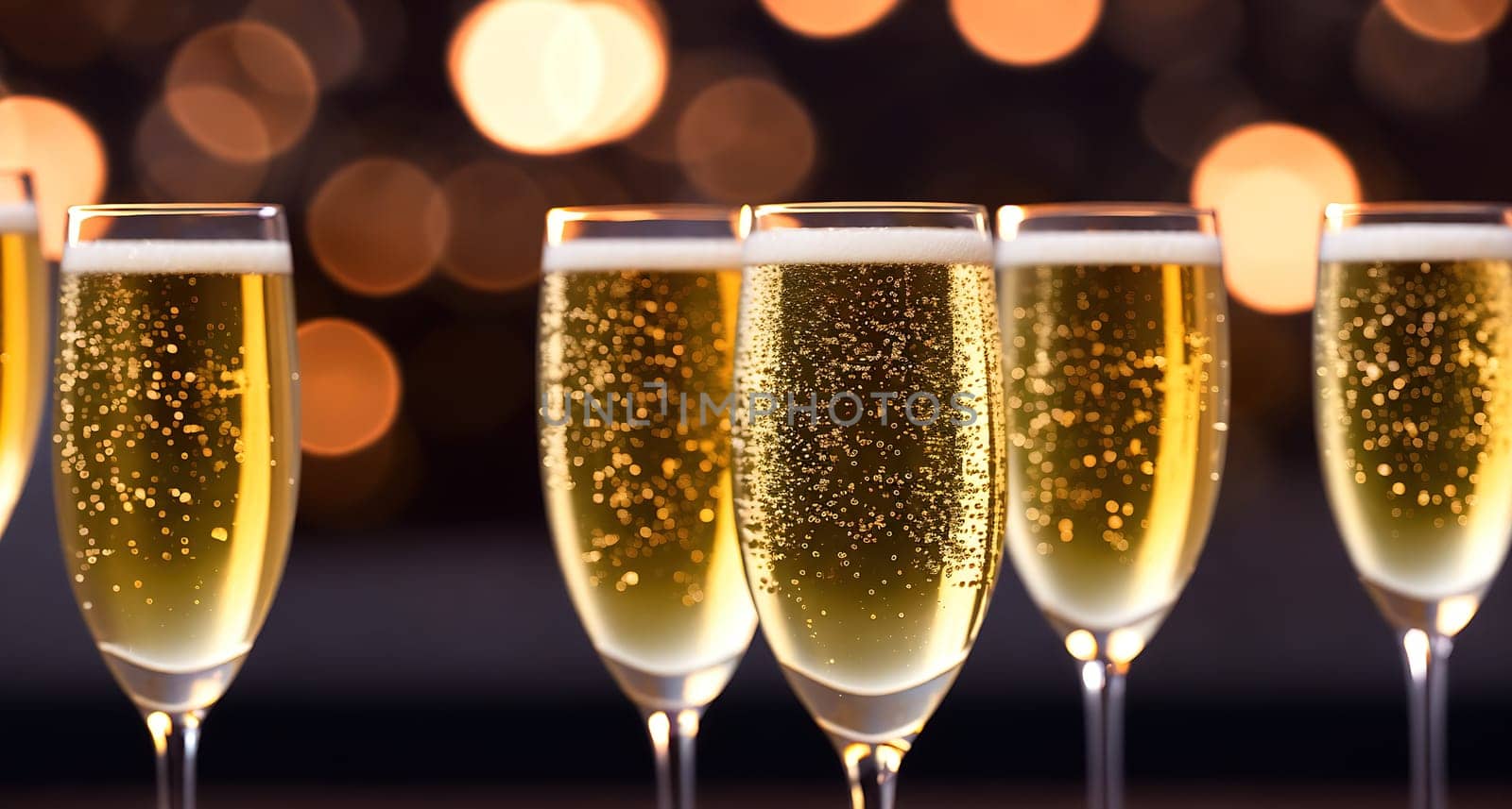The image shows a group of champagne flutes filled with champagne on a table with a blurry background.