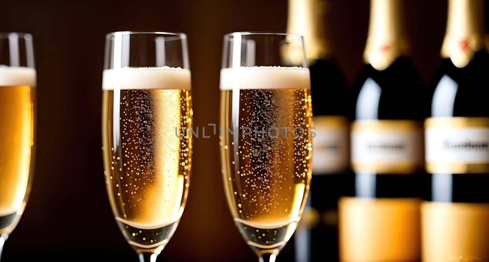 The image shows three glasses of champagne on a table with a bottle of champagne in the background.