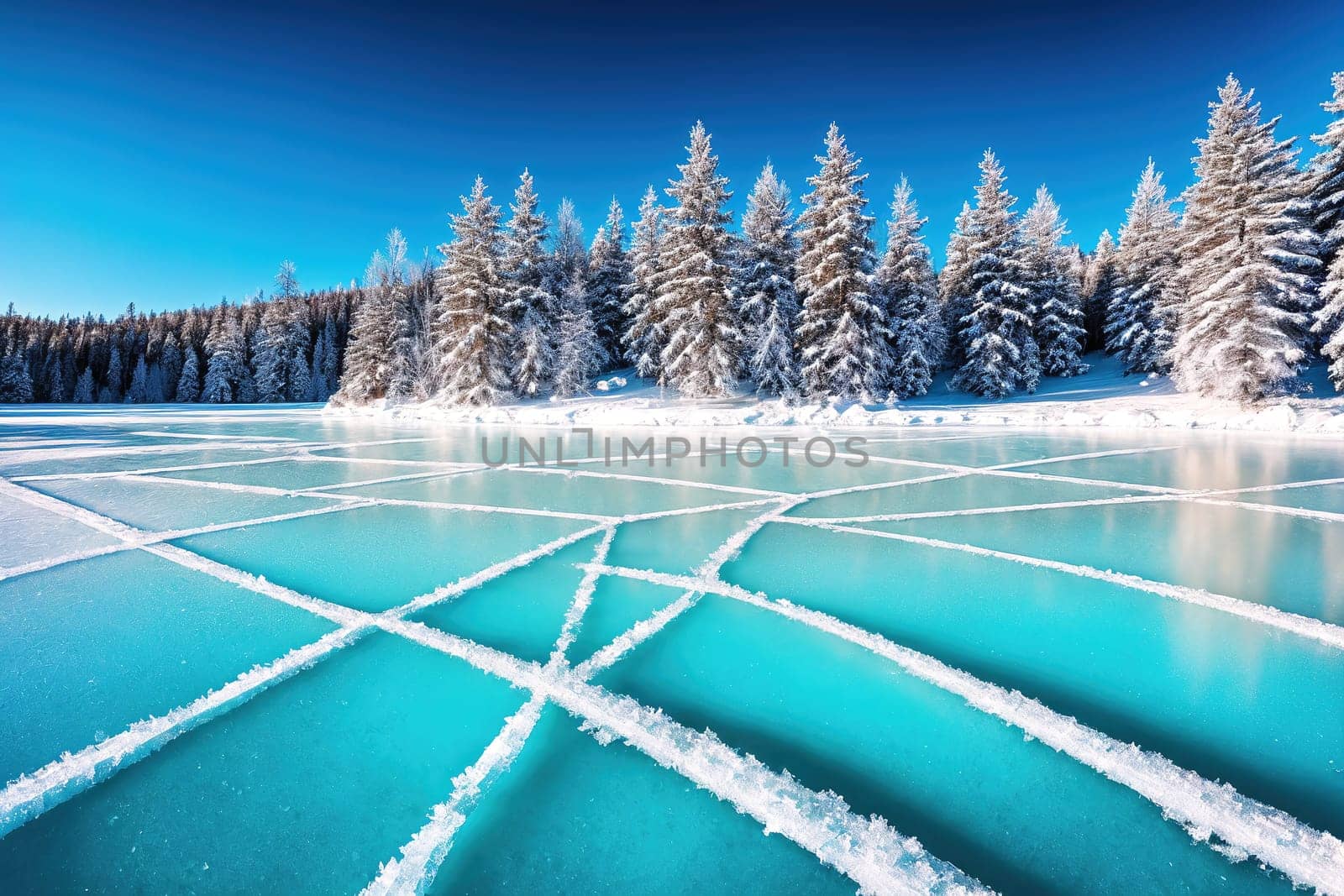 The image shows a frozen lake with snow covered trees and a blue sky in the background.