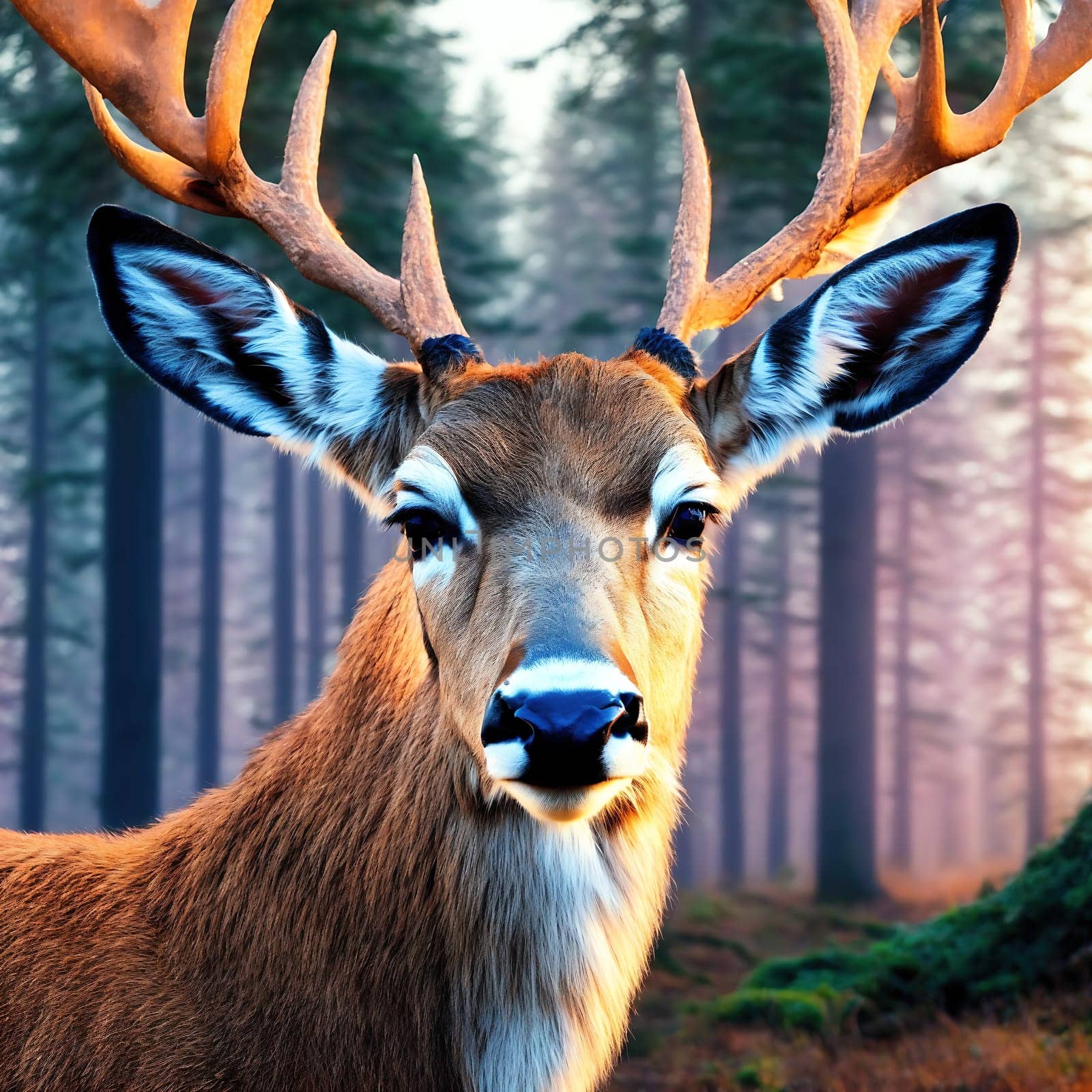 The image shows a deer standing in a forest with its antlers raised, looking directly at the camera with its eyes.