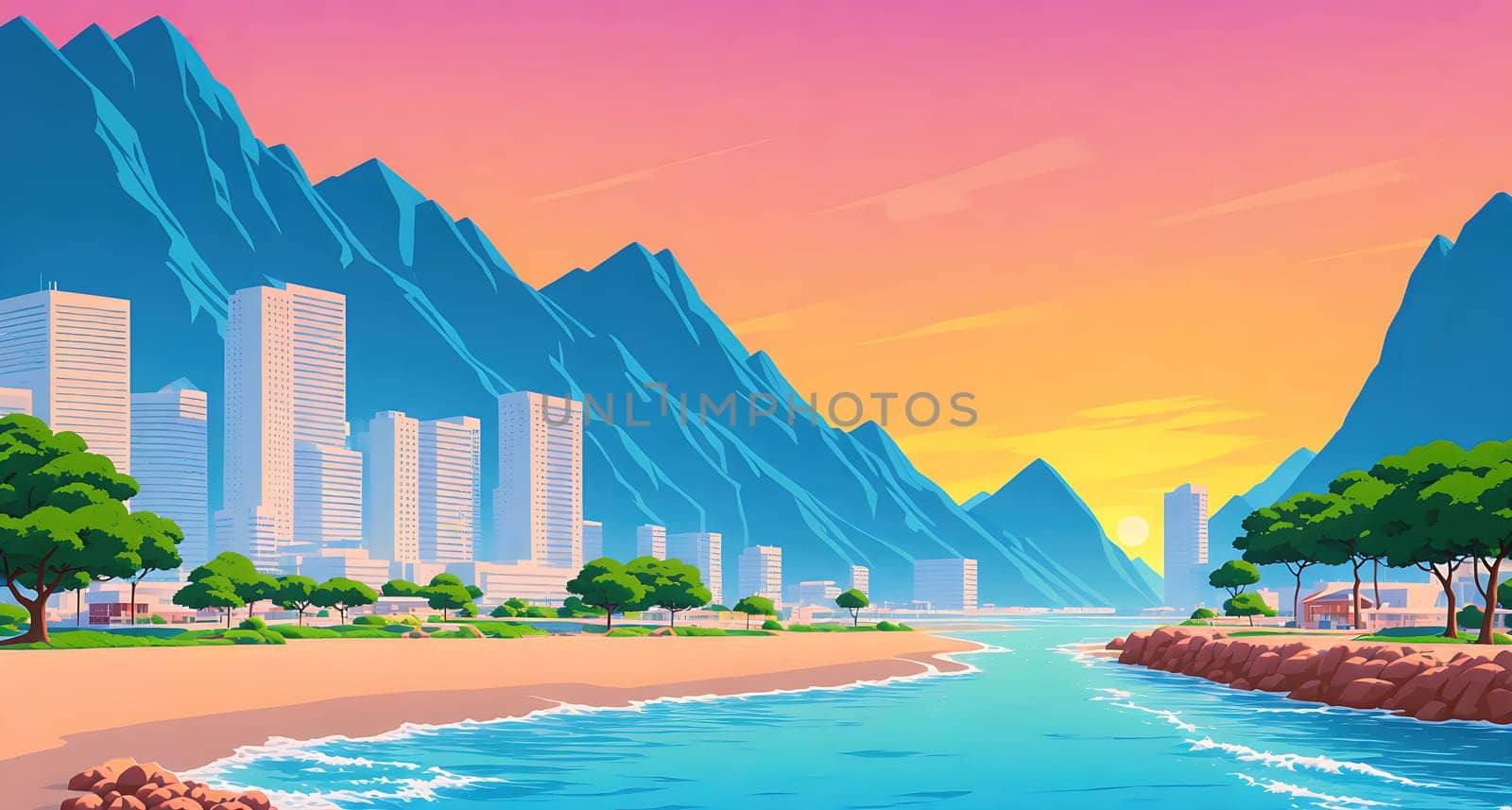 The image shows a scenic view of a mountainous landscape with a river running through it, with buildings and trees in the background.
