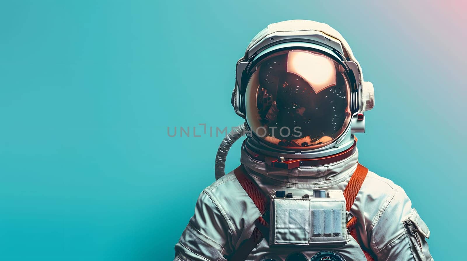 A close up of an astronaut in a helmet and sports gear against an electric blue background. The helmet is a fashion accessory and personal protective equipment for space exploration