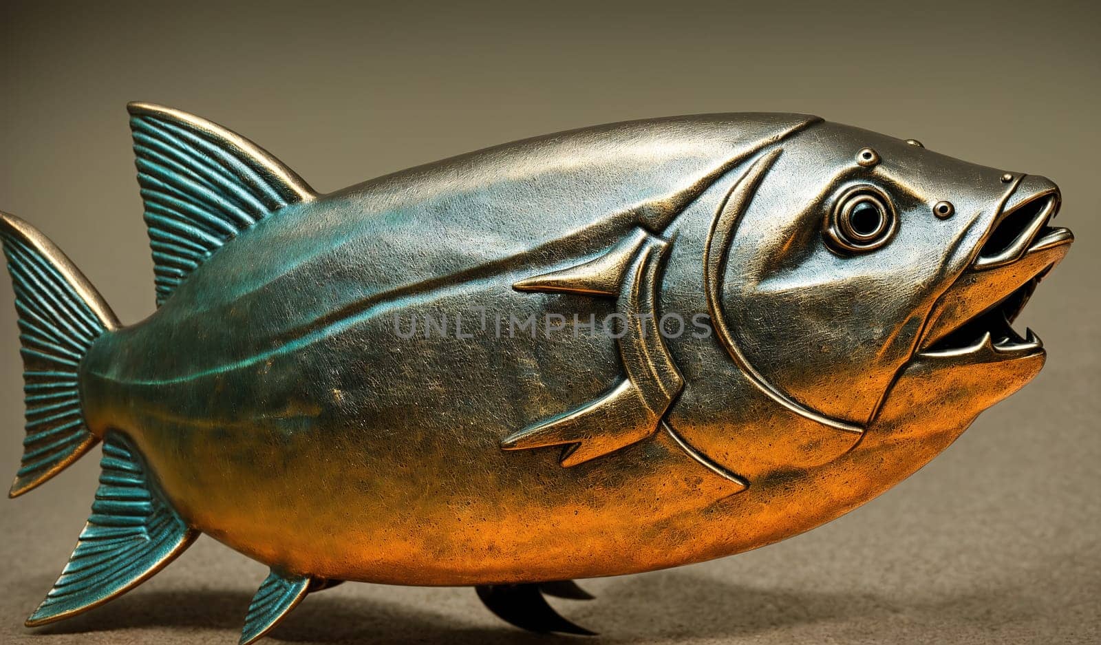The image is a 3D model of a fish with a metallic finish, with its mouth open and its fins spread out.