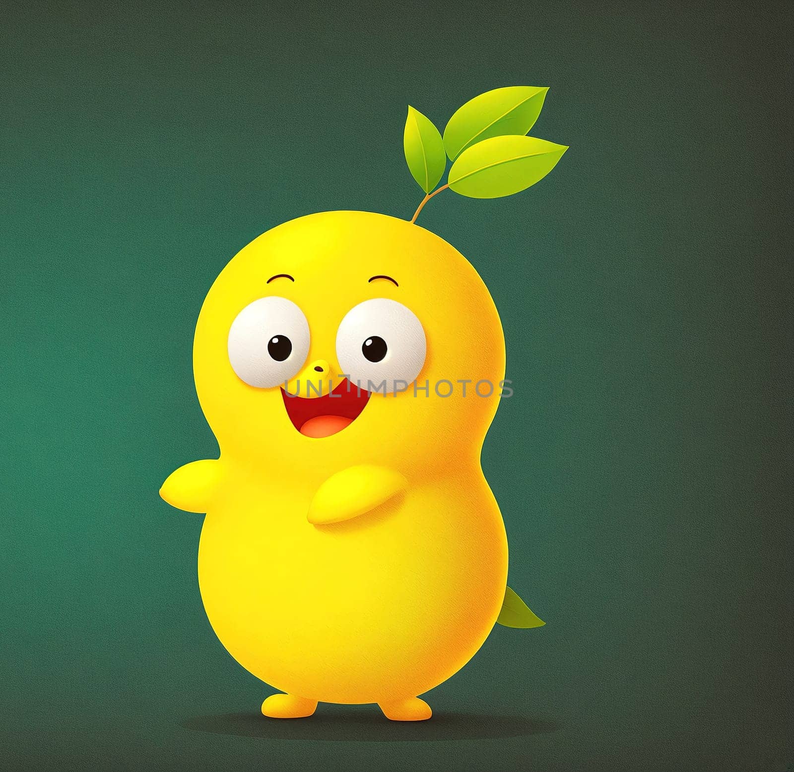The image is of a yellow cartoon character with a green leaf on its head and a big smile on its face.