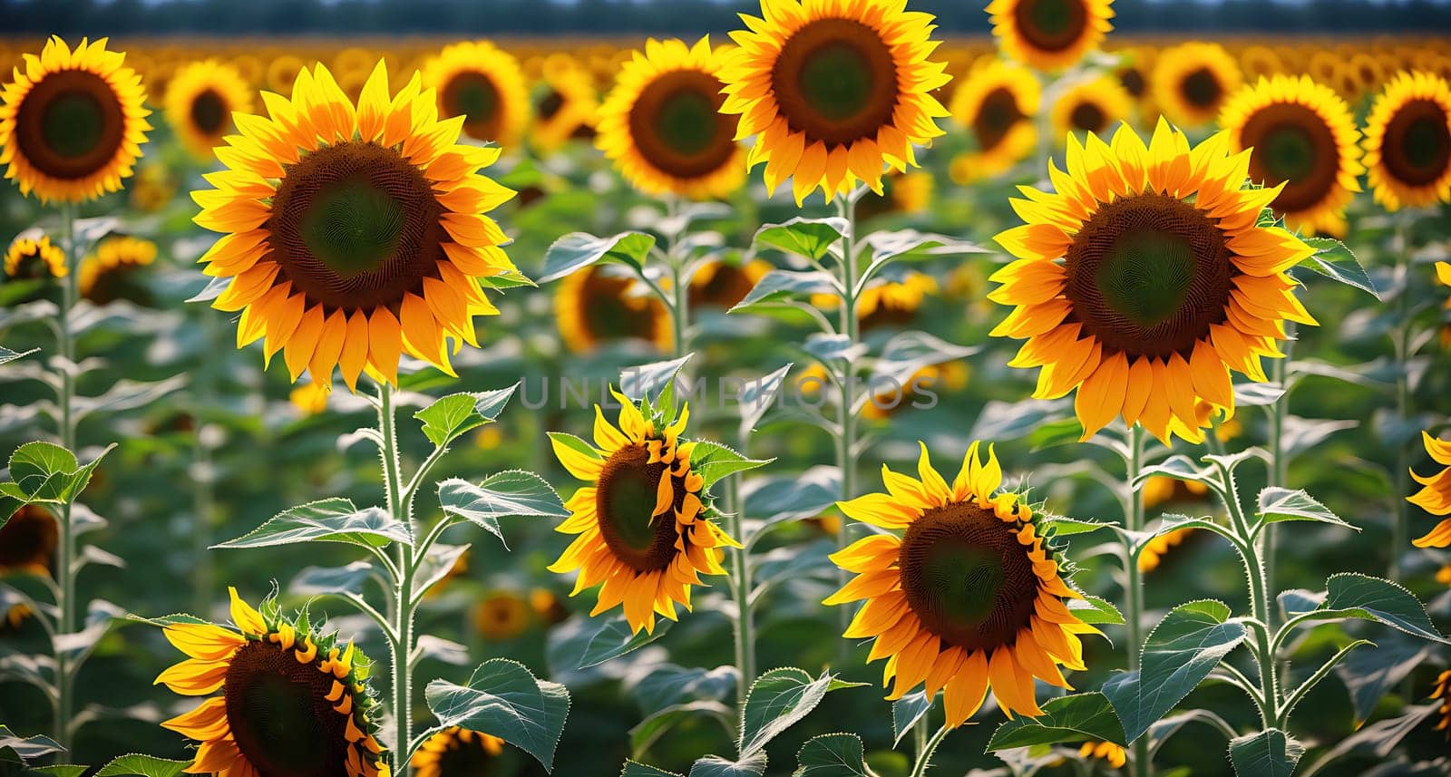 The image shows a field of sunflowers in full bloom, with their bright yellow petals facing upwards towards the sky.