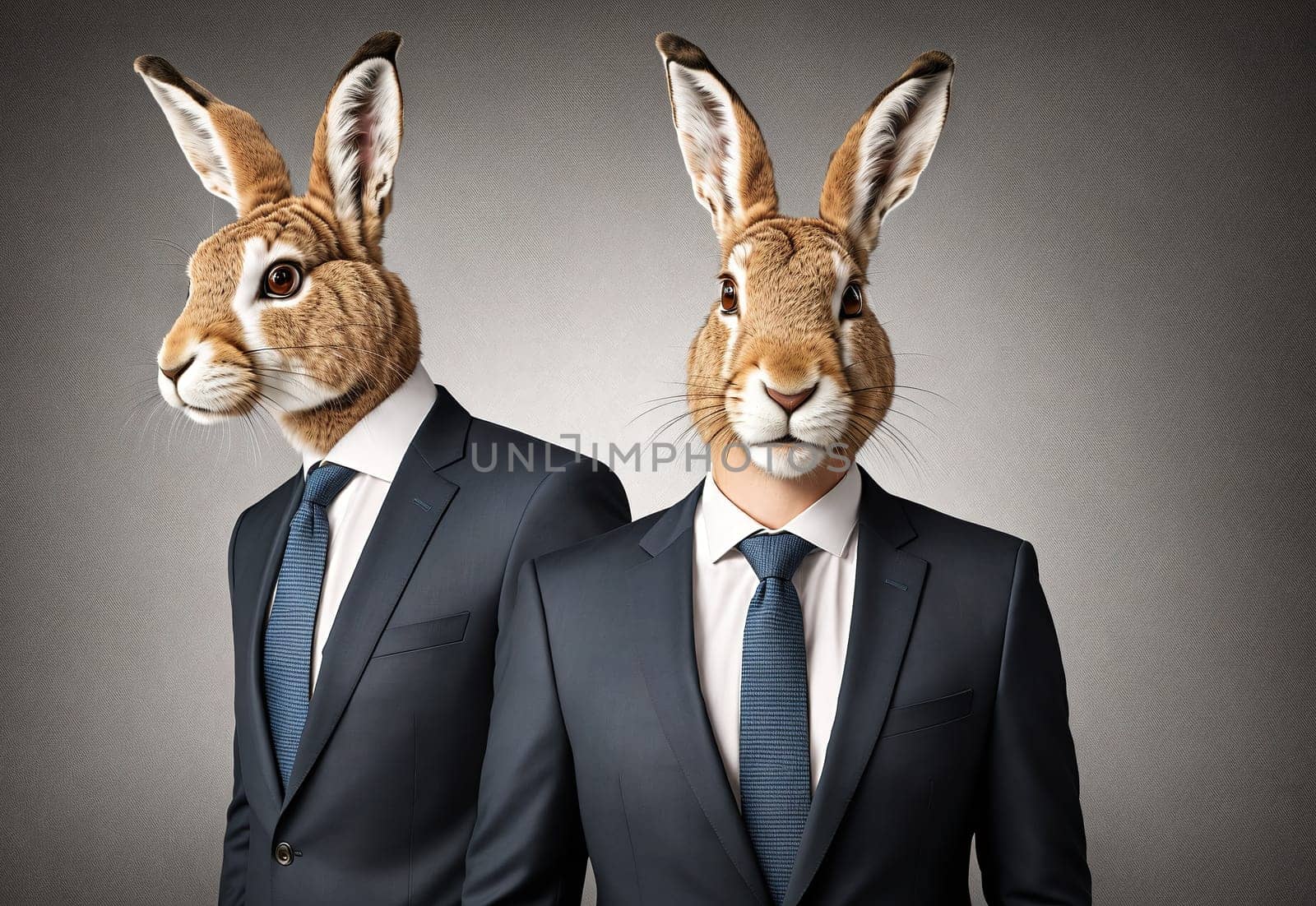 The image shows two rabbits wearing suits and ties, one with its head turned to the side and the other with its head turned to the front.