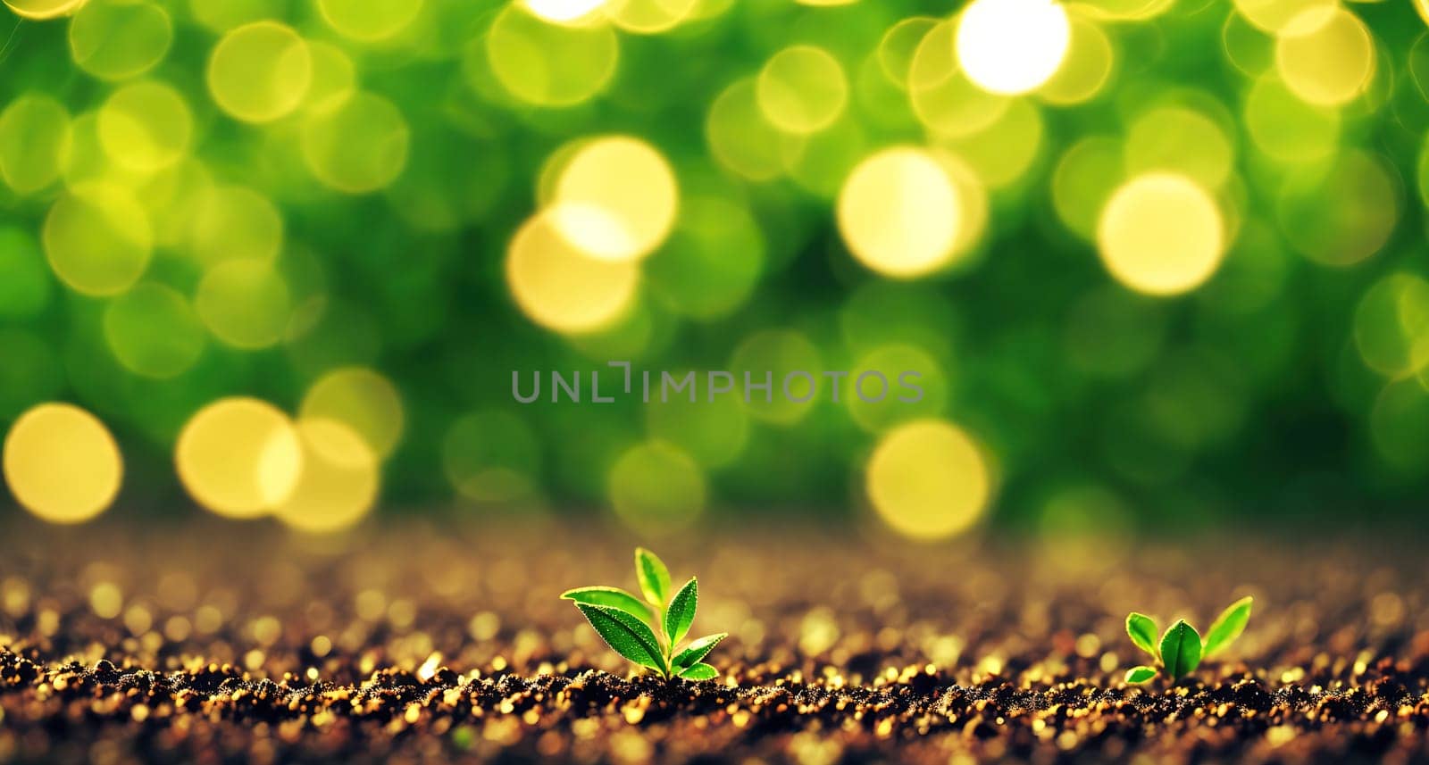 The image shows a small green plant growing in a field with a blurred background.