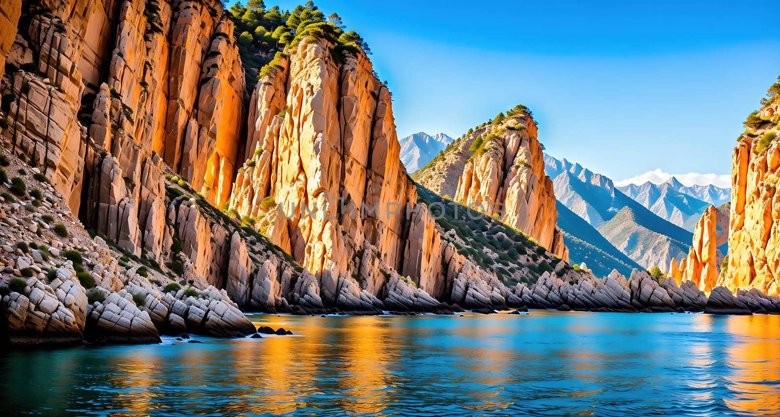 The image shows a scenic view of a mountainous landscape with a body of water in the foreground and mountains in the background.