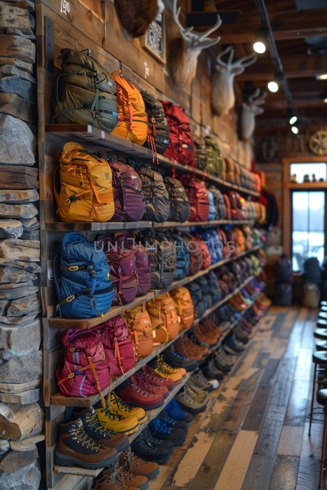 Outdoor Gear Store Equips Adventurous Spirits in Business of Exploration Retail, Hiking boots and gear displays equip a story of adventurous spirits and exploration retail in the outdoor gear store business.