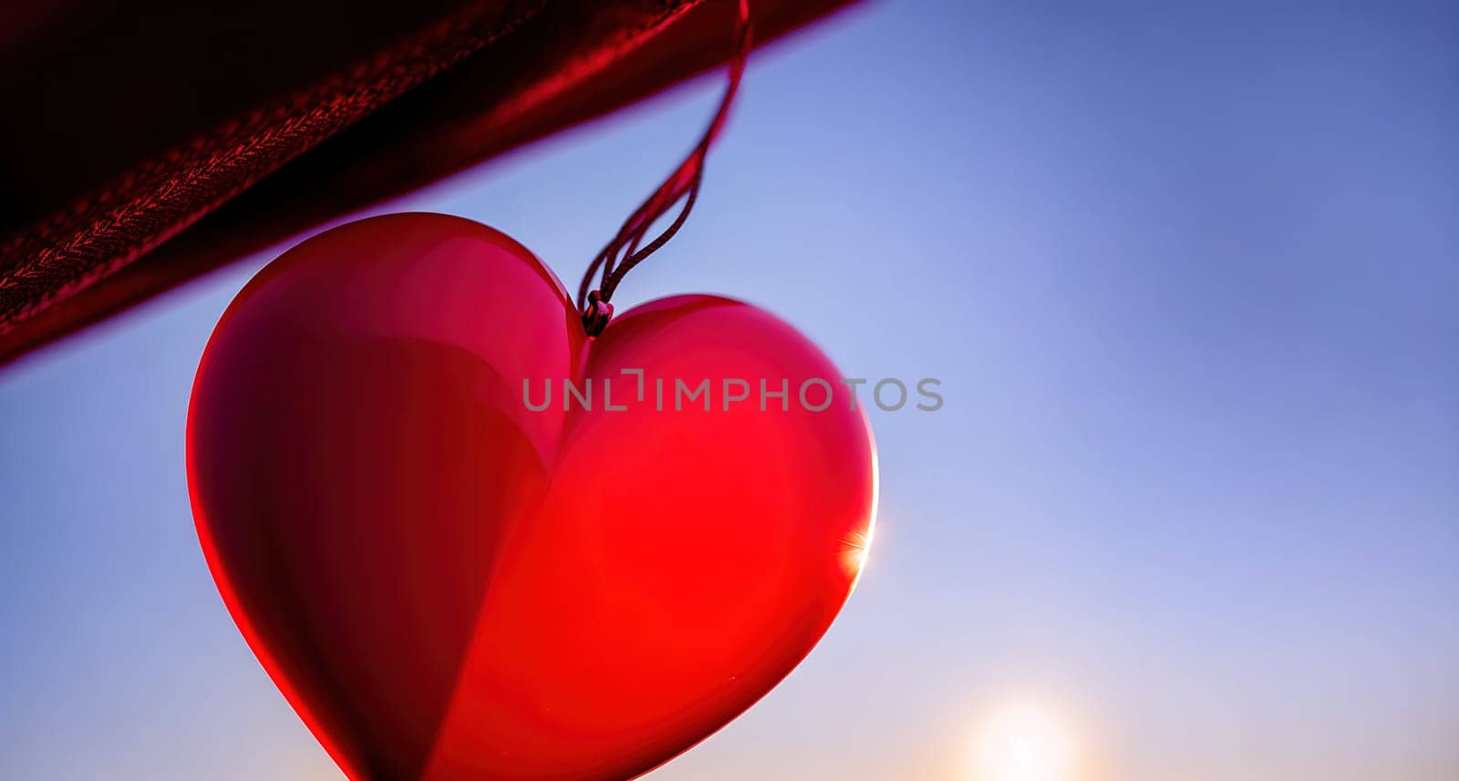 The image shows a red heart hanging from a string on a window sill, with the sun setting in the background.