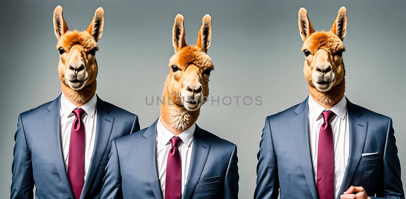 The image shows a man in a suit and tie holding a cigar in his mouth, with two alpacas in the background.