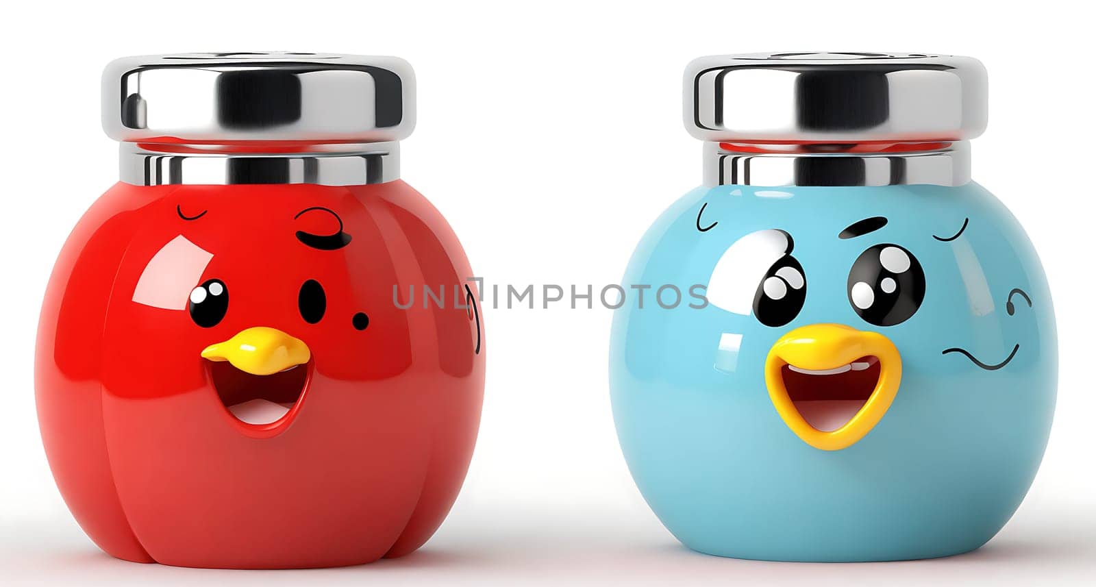The image is a set of two colorful bottles with cartoon faces on them.