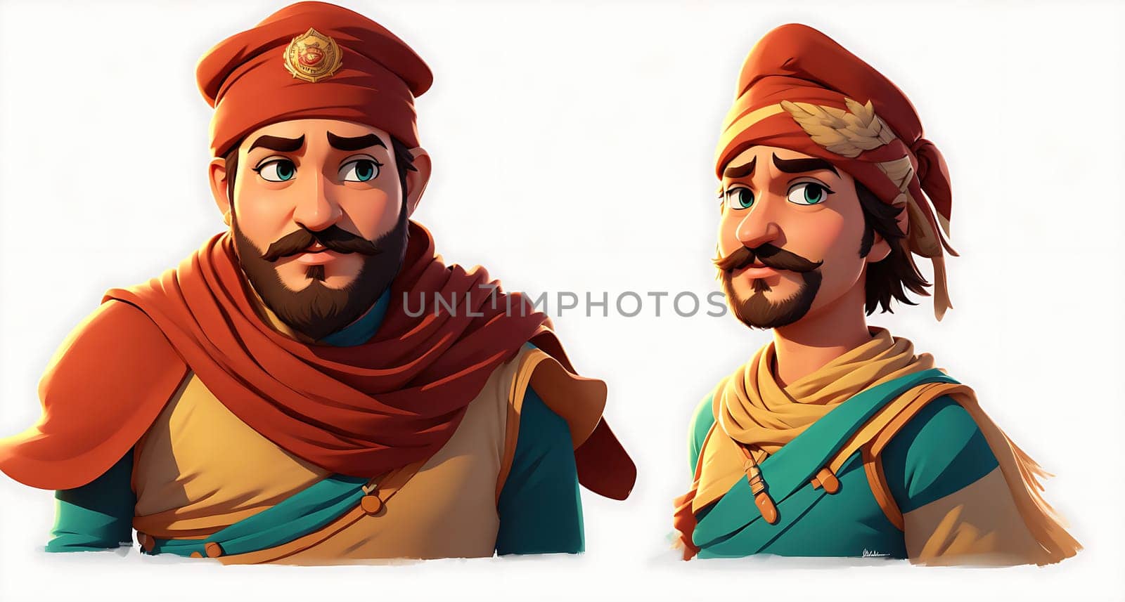 The image depicts two men in traditional Middle Eastern clothing, one with a beard and the other with a mustache, both wearing turbans and holding swords.
