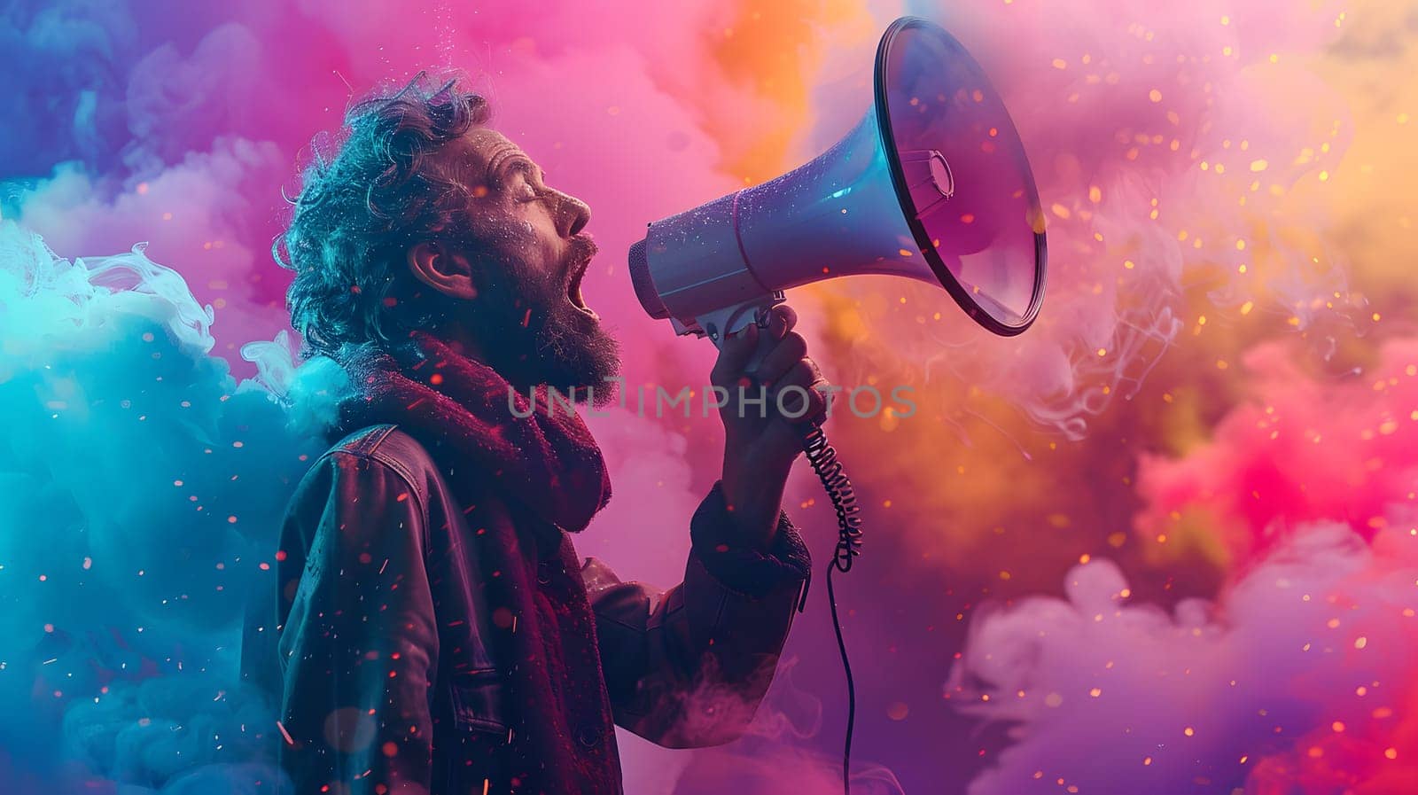 A music artist with a beard is holding a microphone in front of a colorful purple background, ready to entertain the audience at a vibrant concert