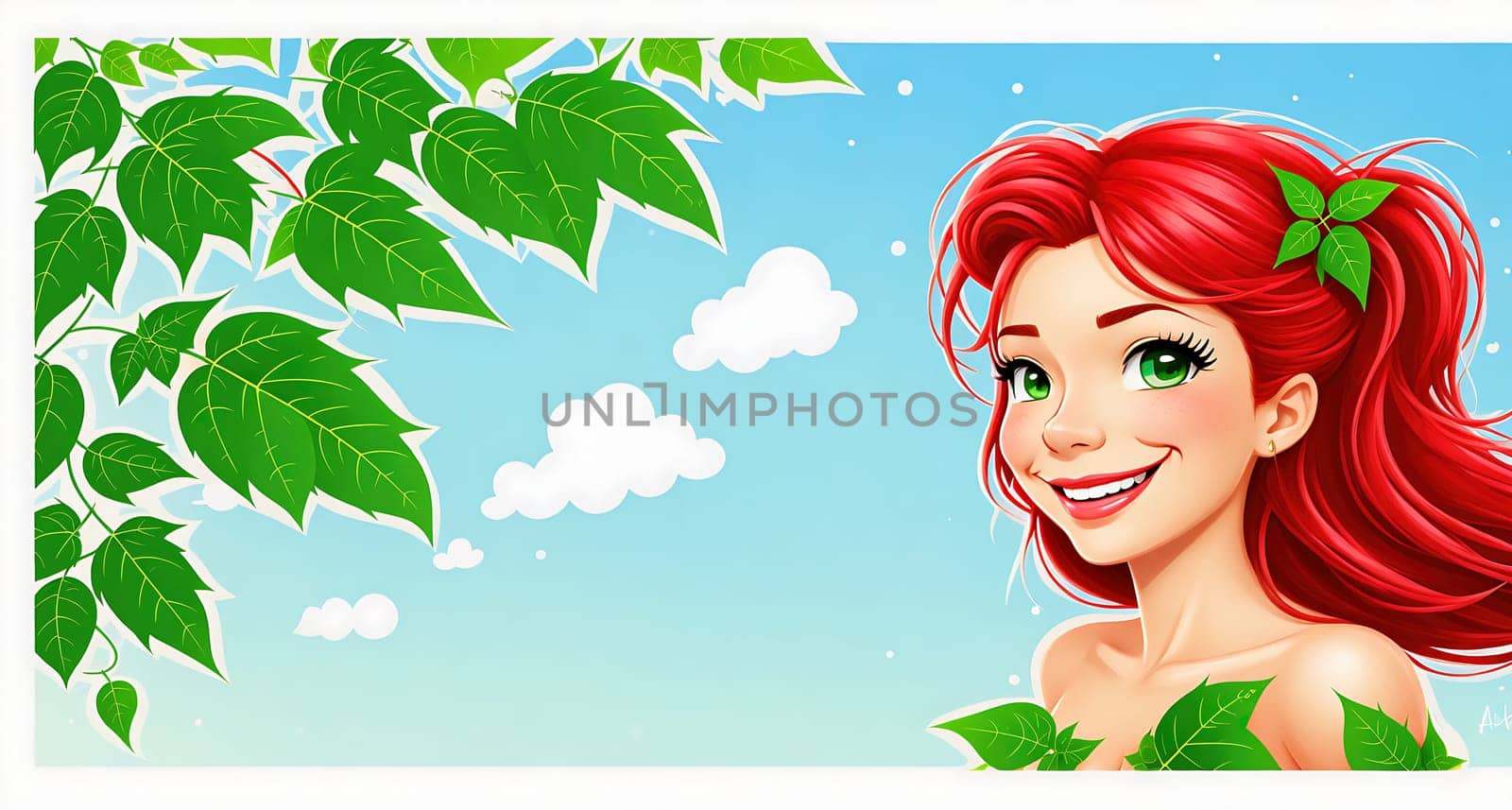 The image shows a young woman with long red hair and green leaves on her head, smiling and looking up at the sky.