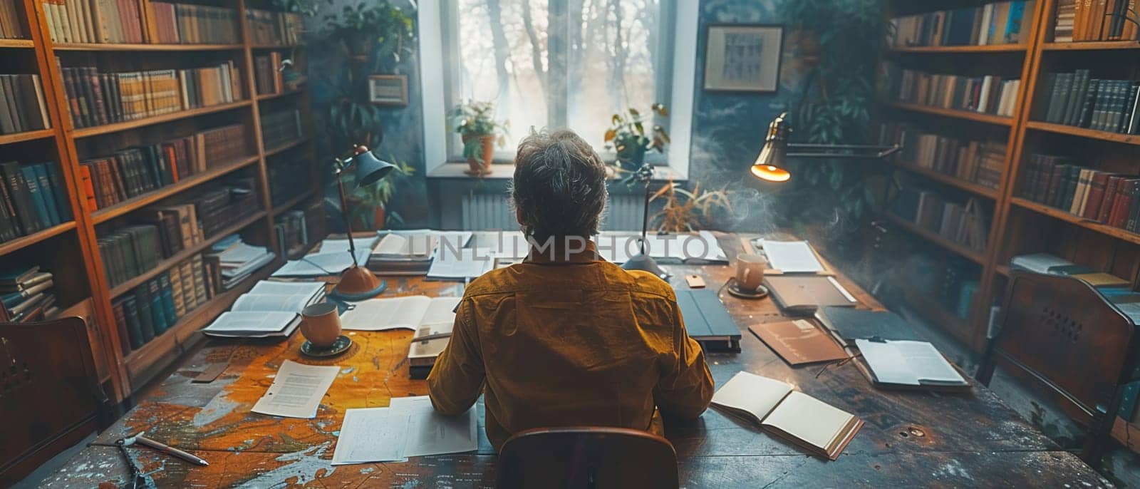 Business Leader Stays Informed with Industry Literature in Private Office, A moment of quiet study in an office lined with books and business journals.