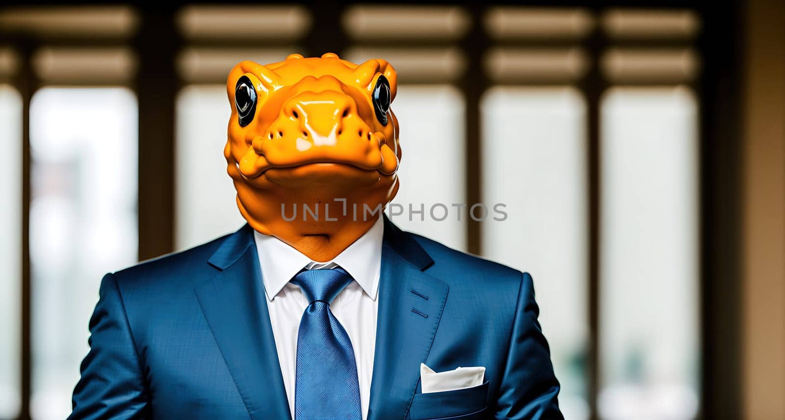 The image shows a man wearing a business suit and holding a mask of a dinosaur.