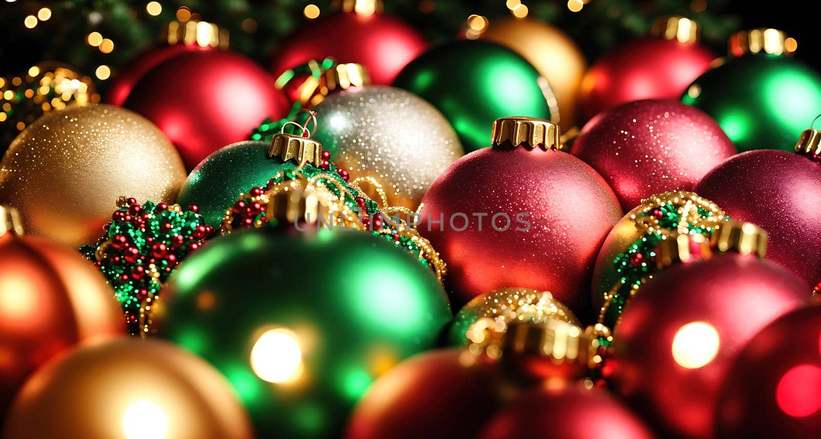 The image is a group of colorful Christmas ornaments hanging from a string in front of a green background.