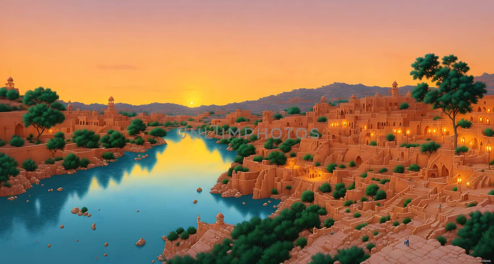 The image is a landscape painting of a small village nestled in the mountains, with a river running through it and a sunset in the background.