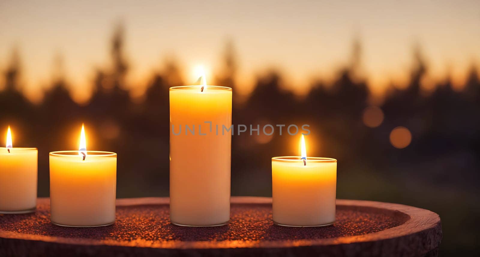 The image shows a group of three white candles placed on a wooden tray in front of a dark, misty background.