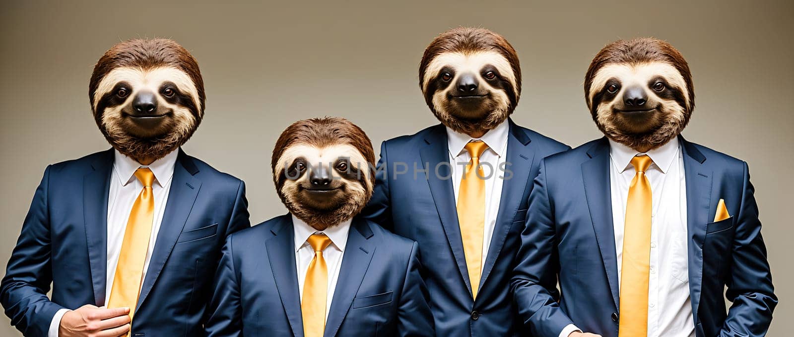 The image shows a group of sloths wearing suits and ties, with one sloth in the center wearing a bow tie.