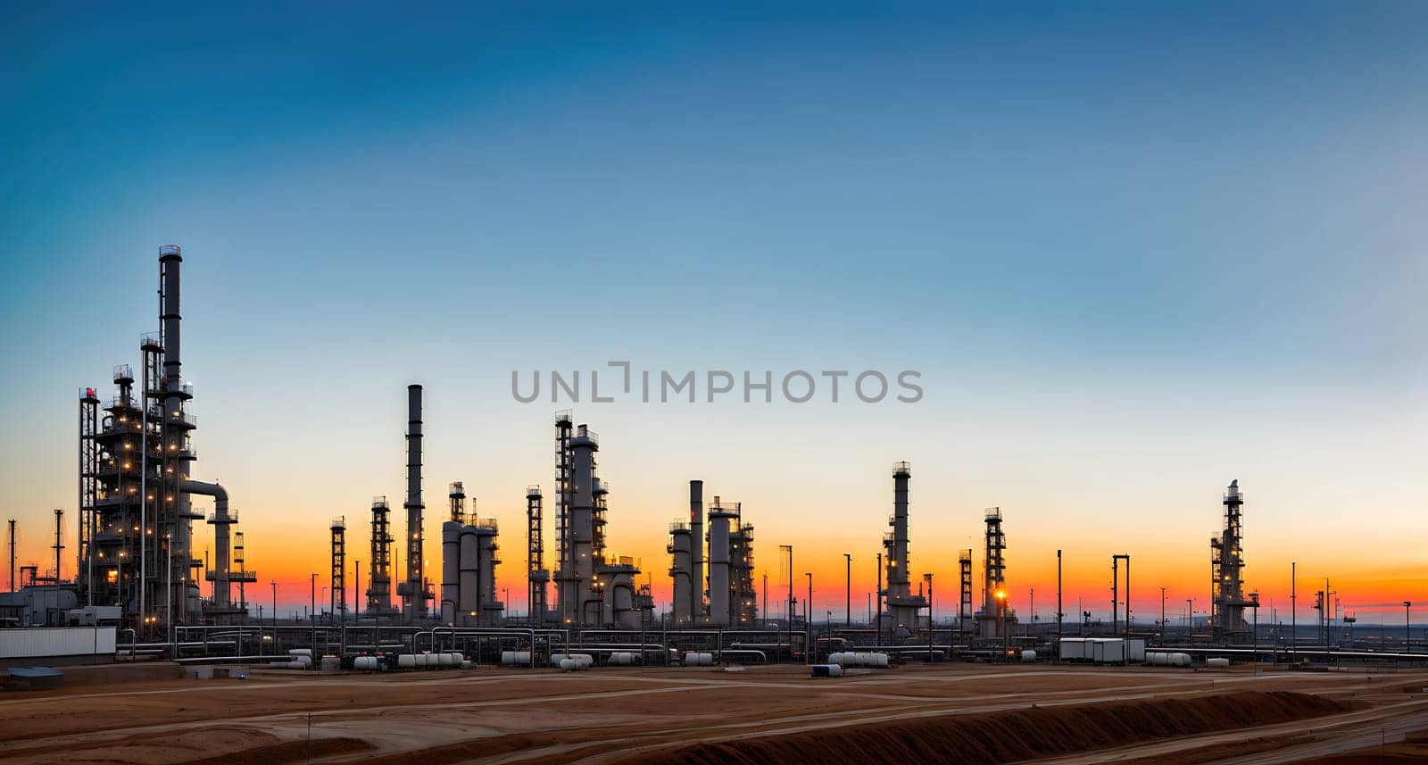 The image is a photograph of an oil refinery at sunset, with smokestacks and pipes in the foreground and a hazy sky in the background