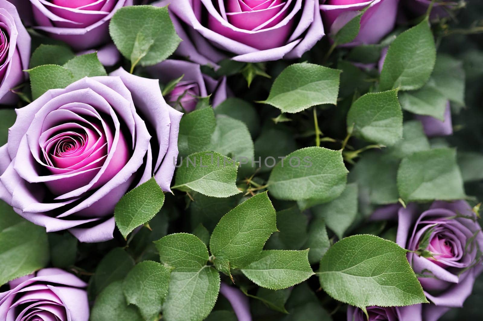 The image shows a bouquet of pink roses with green leaves and stems.