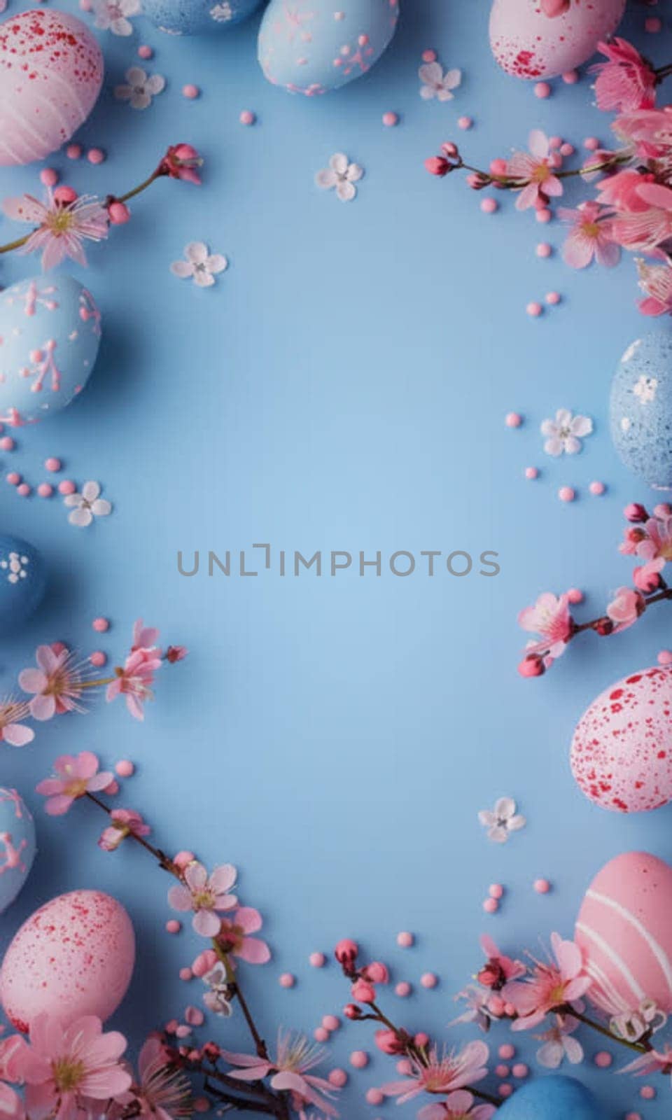 A blue background with pink and white flowers and eggs