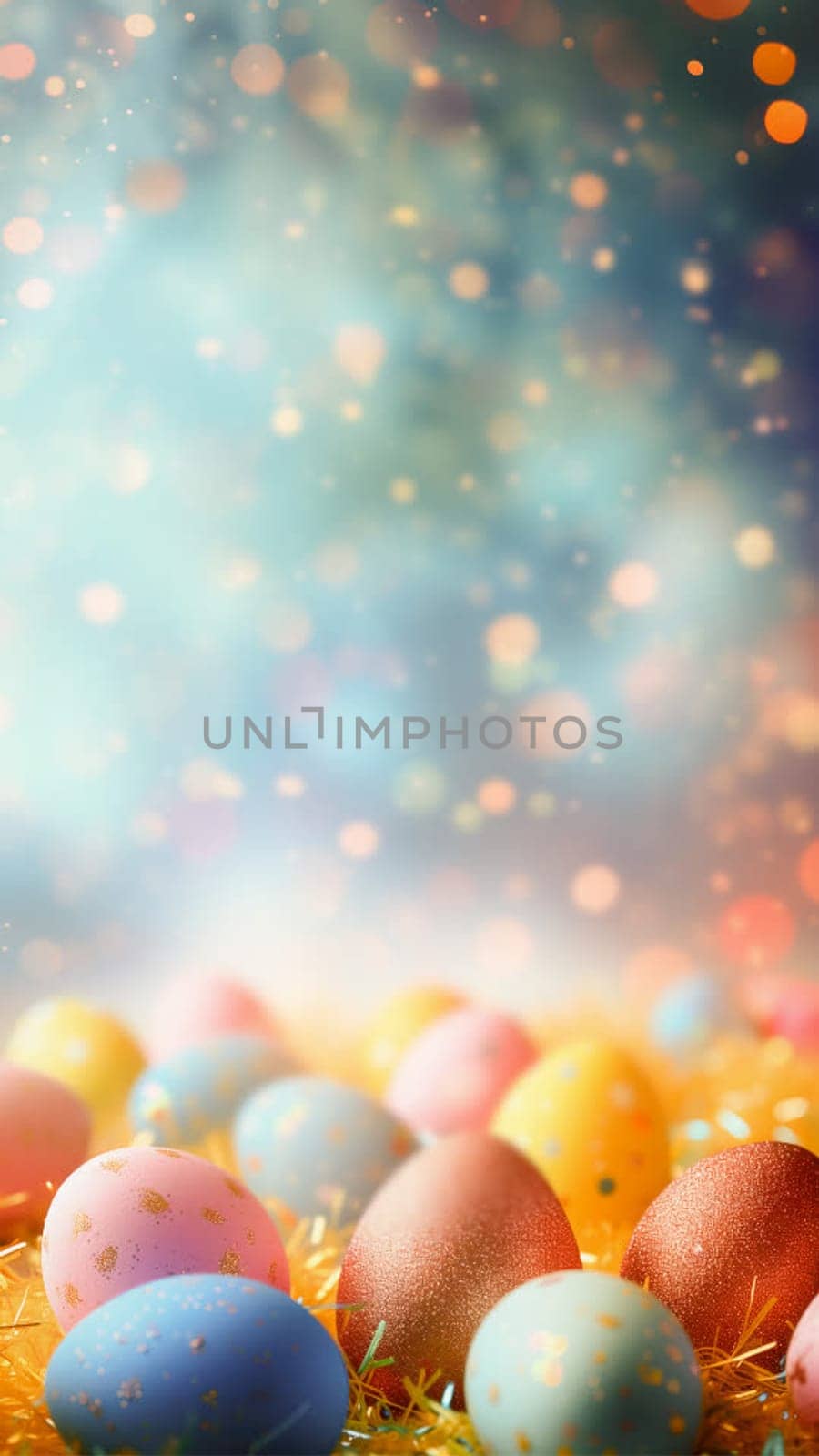 A blue background with pink and white flowers and eggs