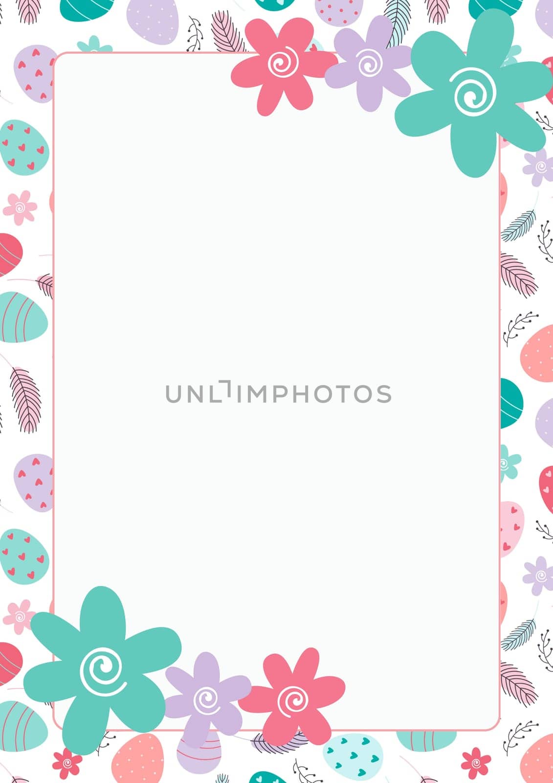 A colorful flowery background with a white frame. The flowers are pink, purple, and green
