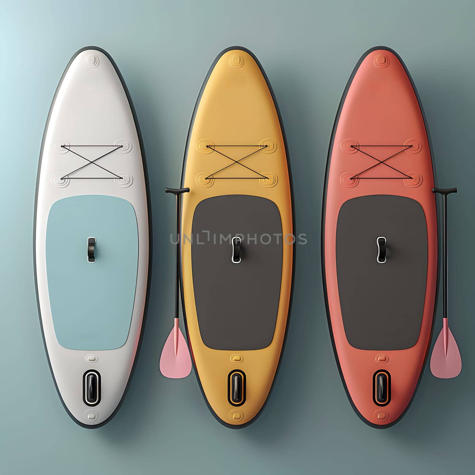 Three electric blue paddle boards made of composite material with synthetic rubber paddles are lined up against a peachcolored wall, resembling surfboards