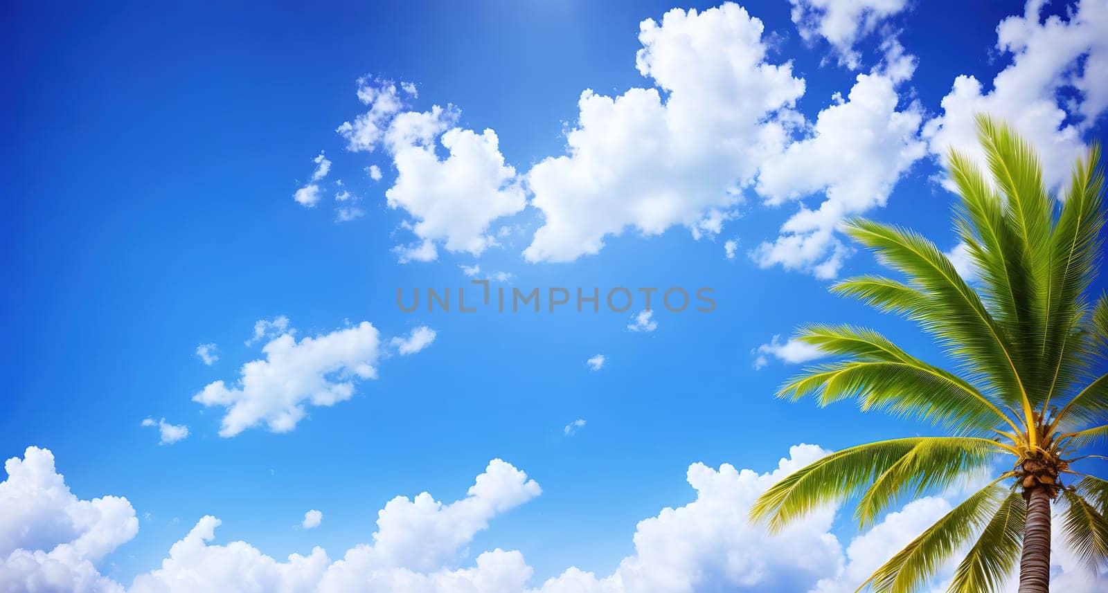 The image shows a palm tree standing on a beach with a clear blue sky in the background.