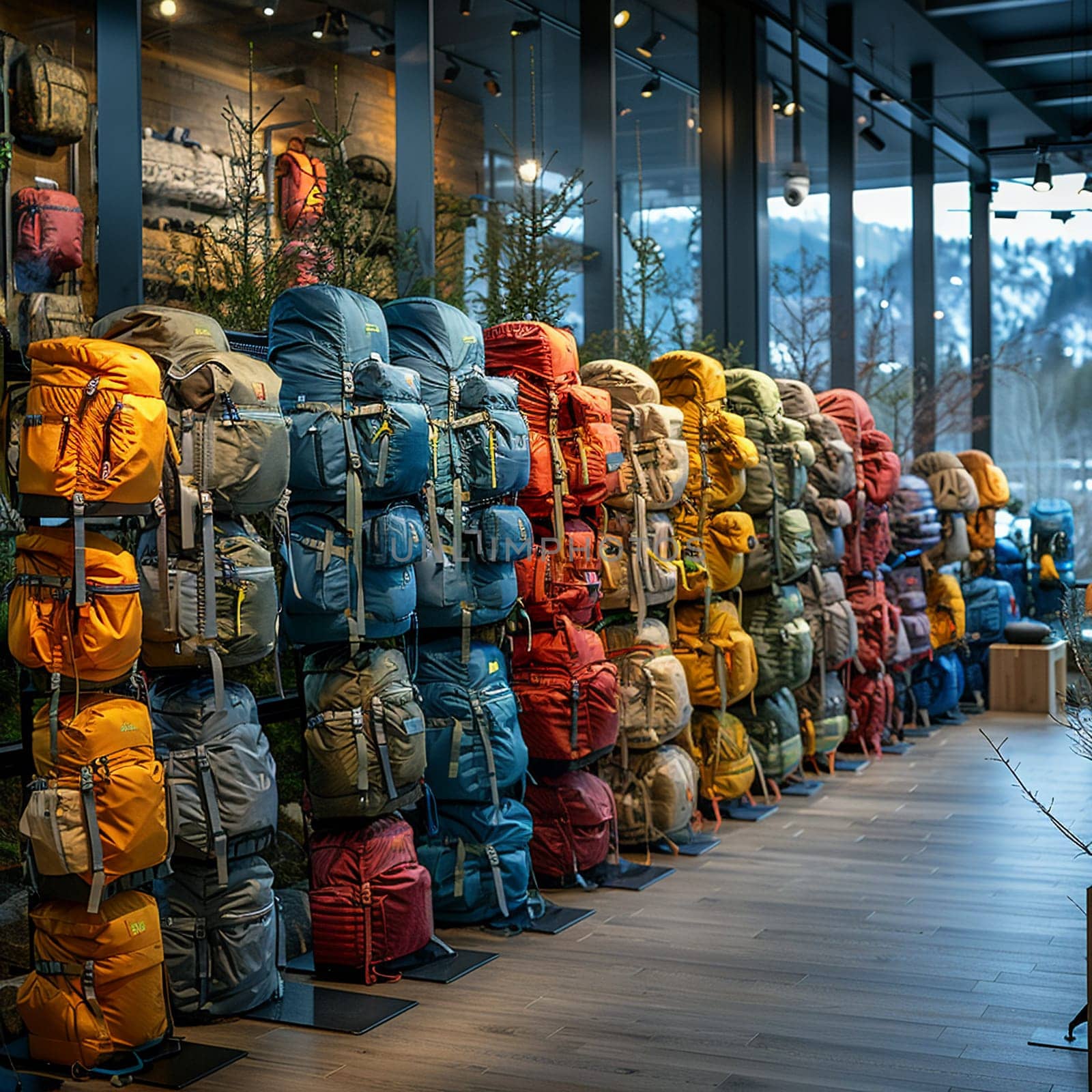Outdoor Gear Displays Equip Exploration in Business of Adventure Retail, Backpacks and tents outfit a narrative of discovery and endurance in the outdoor business.