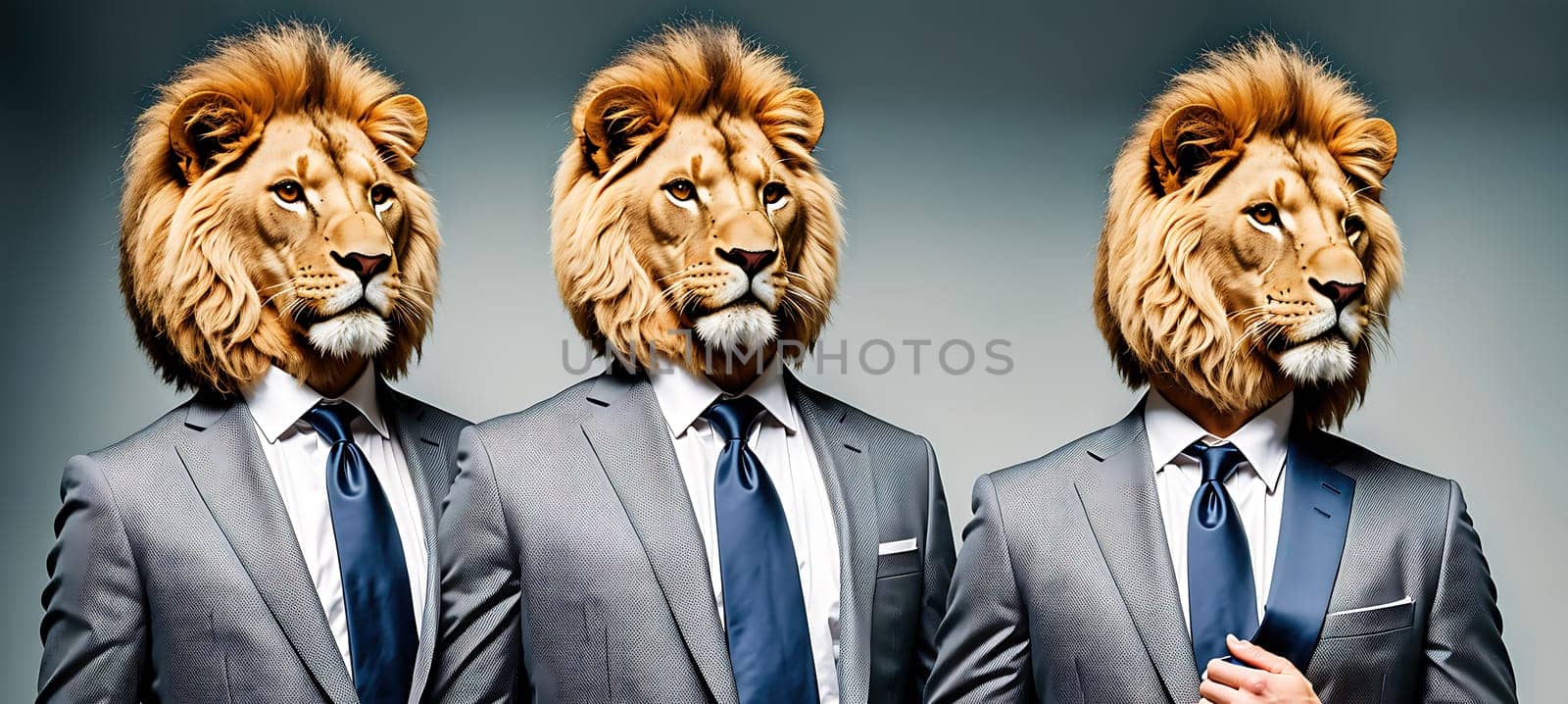 The image depicts a man wearing a suit and tie with a lions head on his shoulders.