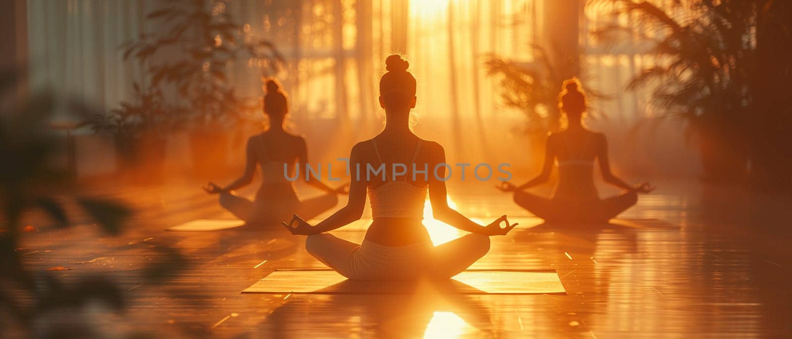 Serene Yoga Class in Session at a Sunlit Wellness Center, The tranquil blur of figures in poses against the morning light emphasizes balance and harmony.