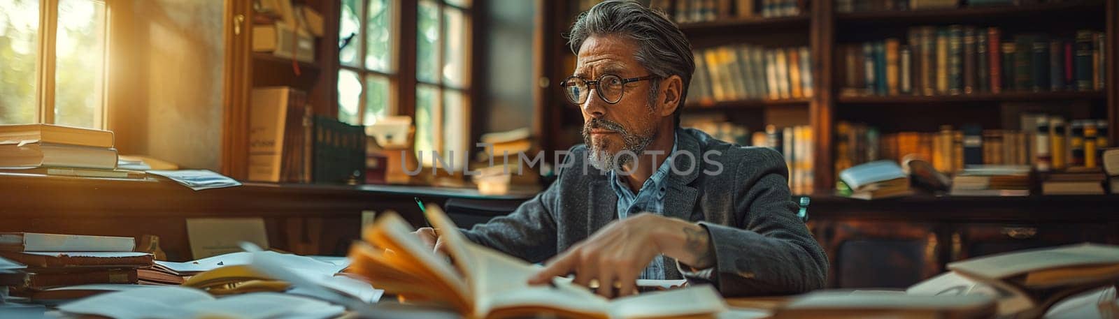 Business Leader Stays Informed with Industry Literature in Private Office, A moment of quiet study in an office lined with books and business journals.