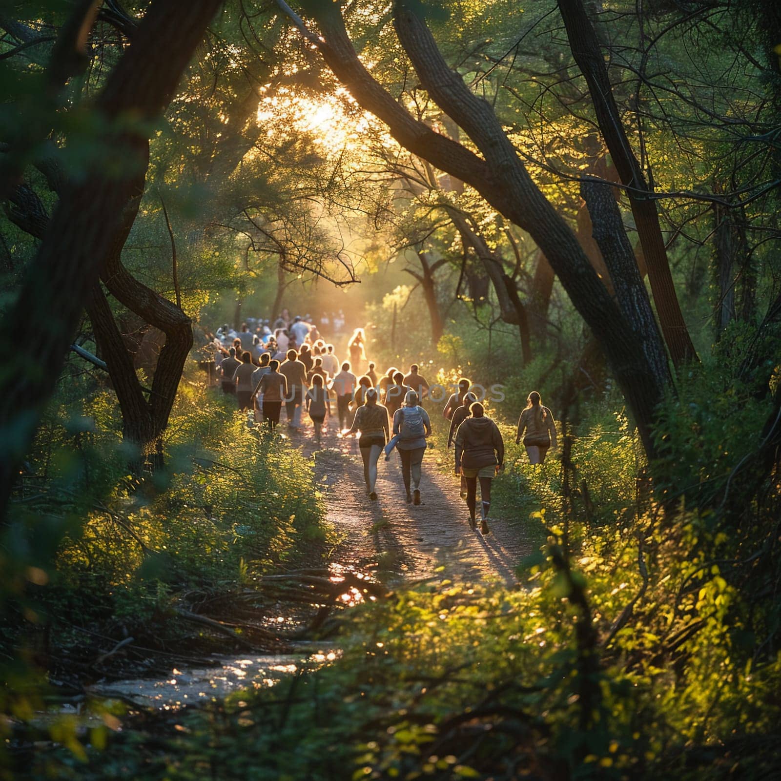 Nature Hiking Trail with Families Enjoying a Weekend Walk, The blur of movement amid greenery suggests the active pursuit of outdoor recreation.