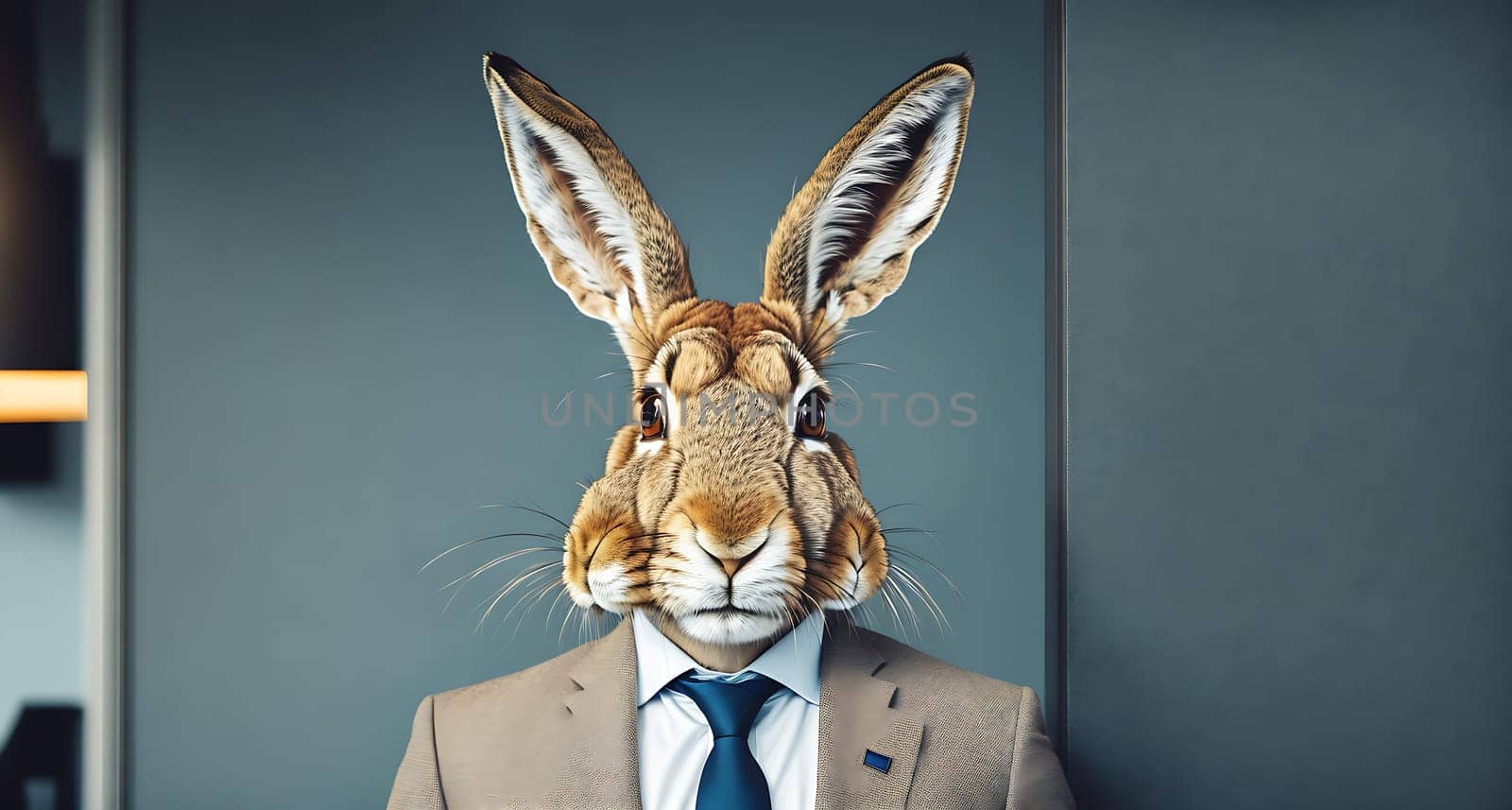 The image shows a man in a suit and tie standing in front of a white wall with a large rabbits head on his shoulders.