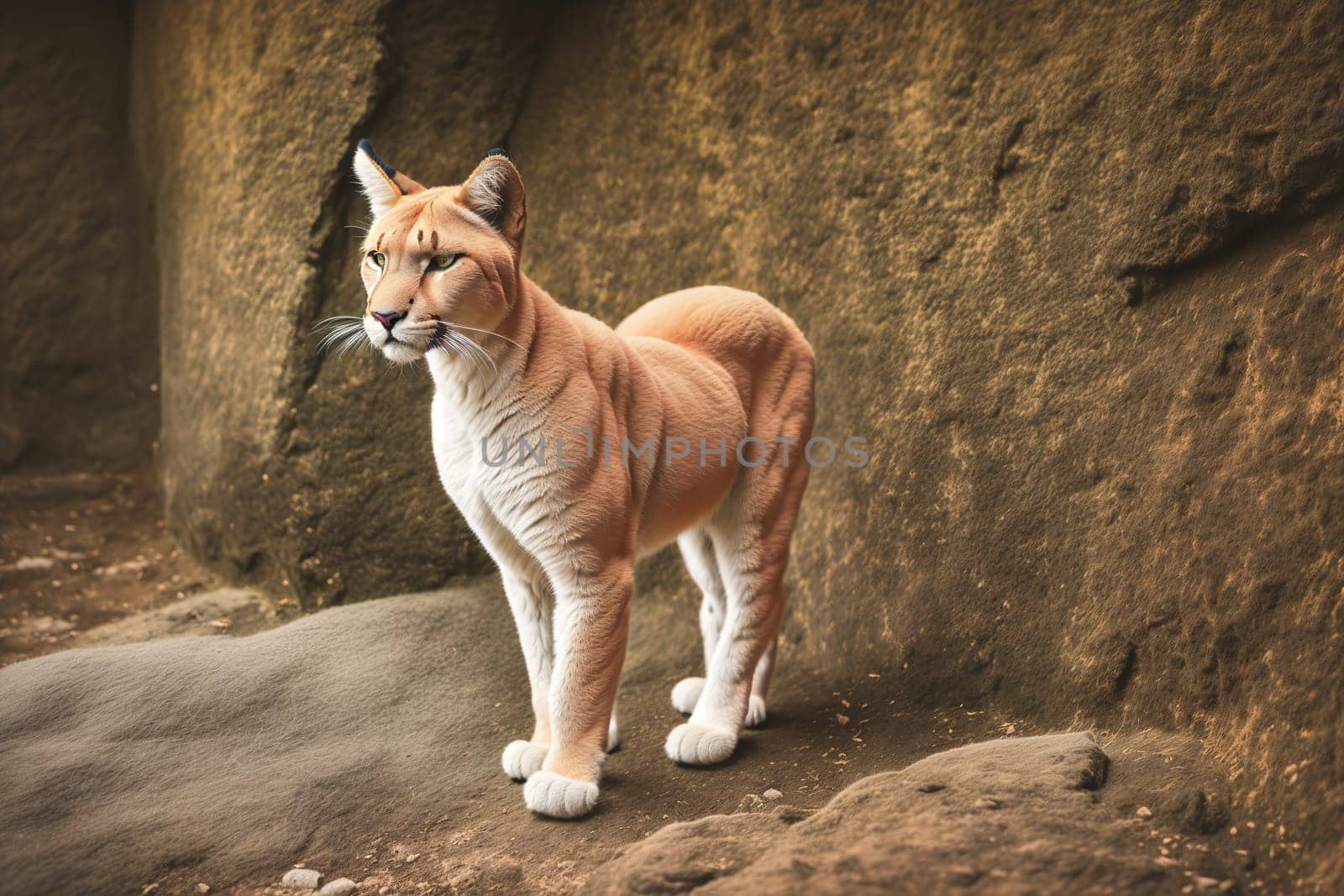 The image shows a white lion standing on a rocky outcropping, looking out into the distance.