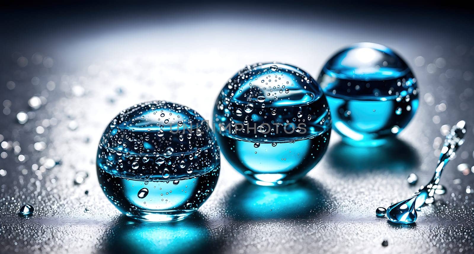 The image is a group of three glass eggs with water droplets on them.