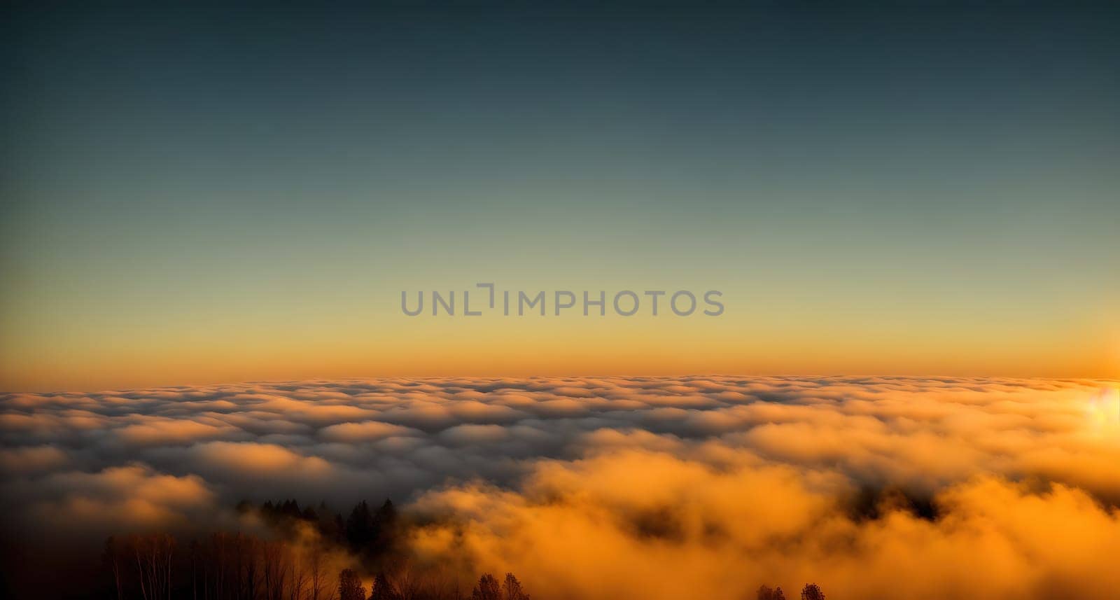 The image is a sunrise over a cloudy landscape with trees in the foreground.