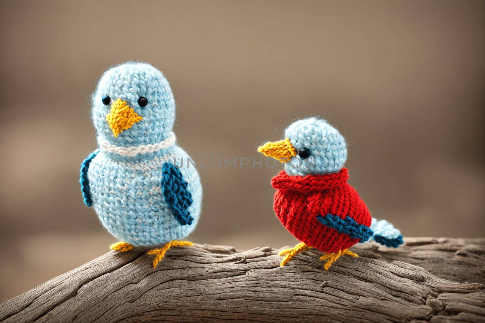 The image shows two birds perched on a tree branch, one wearing a red sweater and the other wearing a blue one.