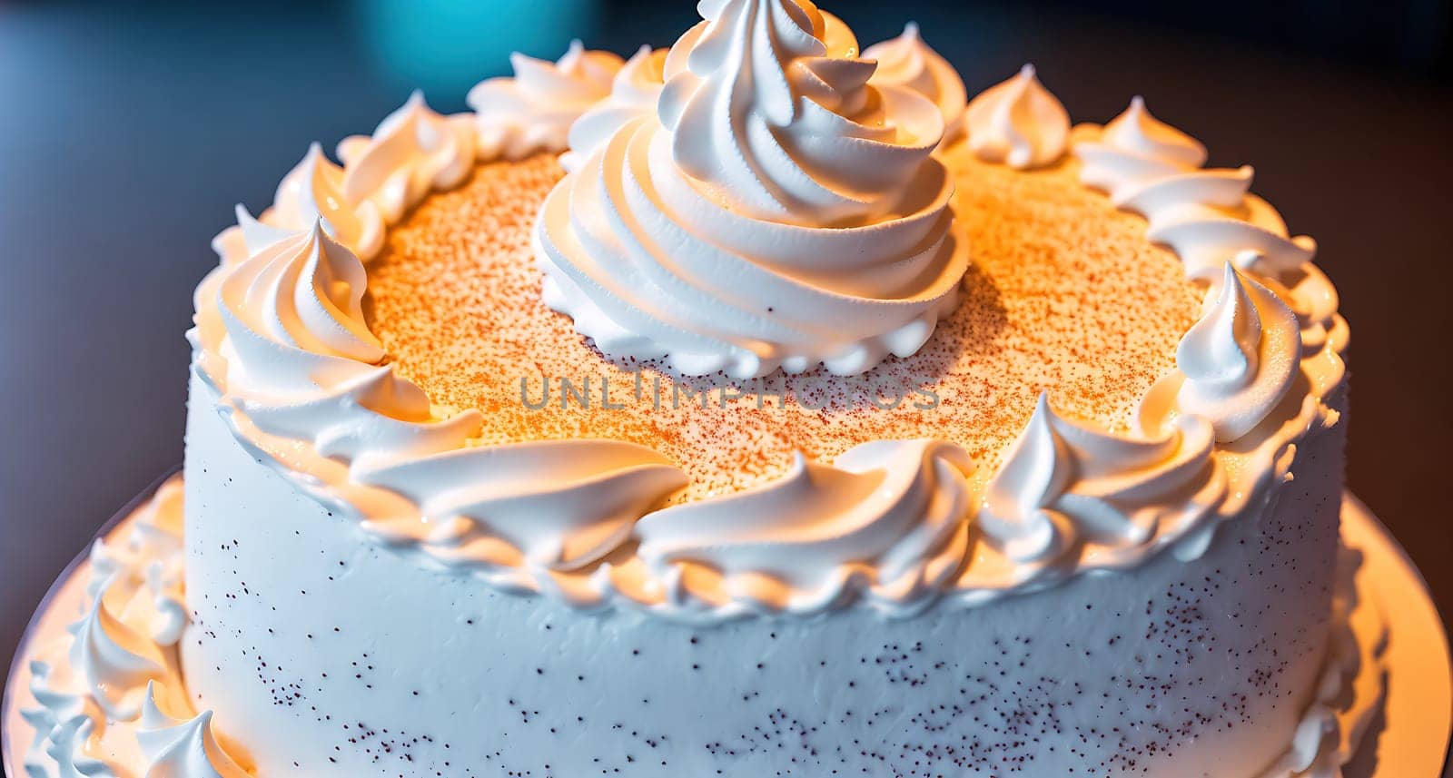 The image is a white cake with white frosting and a swirl on top.