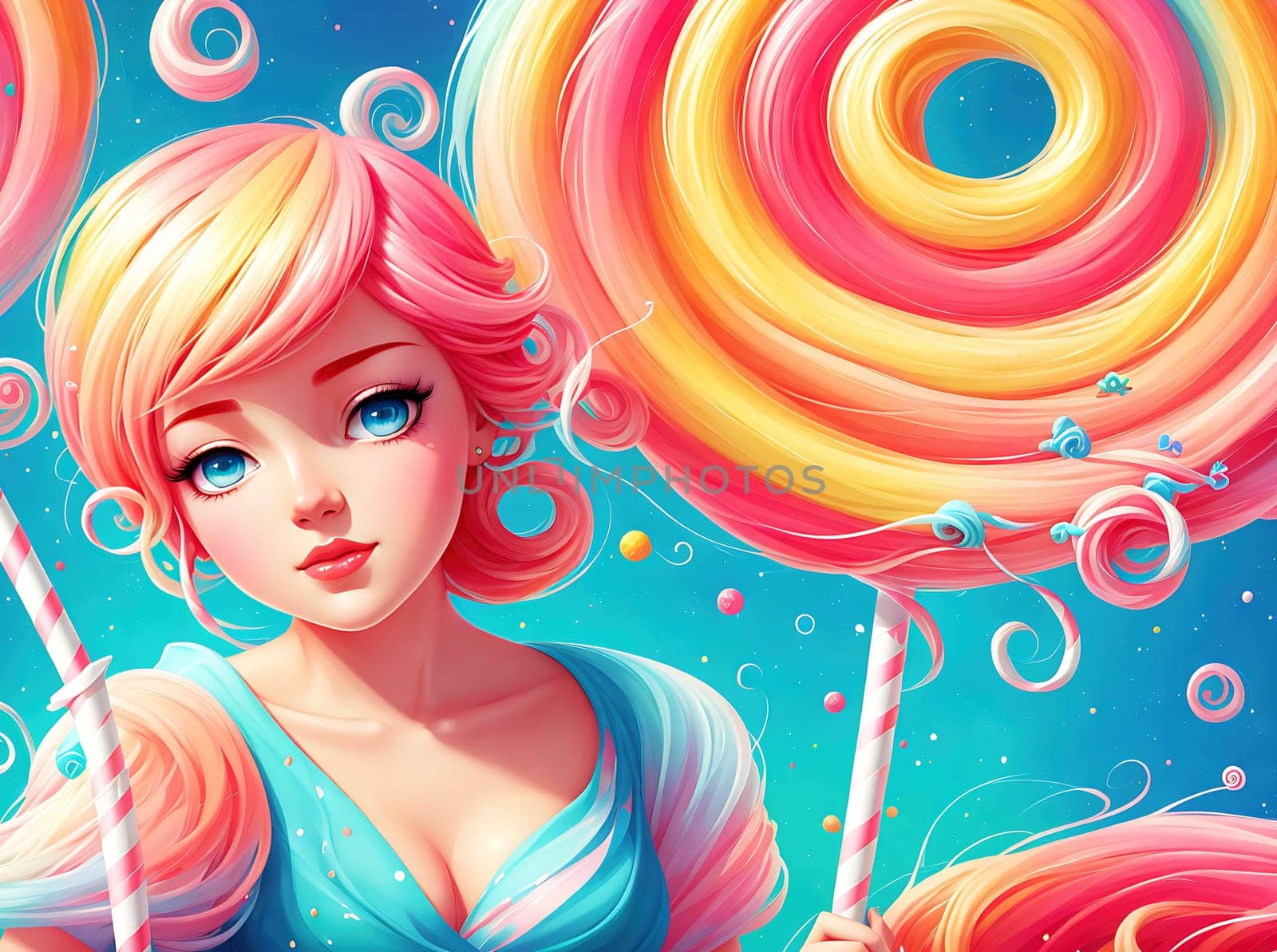 The image depicts a young girl holding a lollipop and wearing a pink dress, surrounded by colorful swirls and clouds.